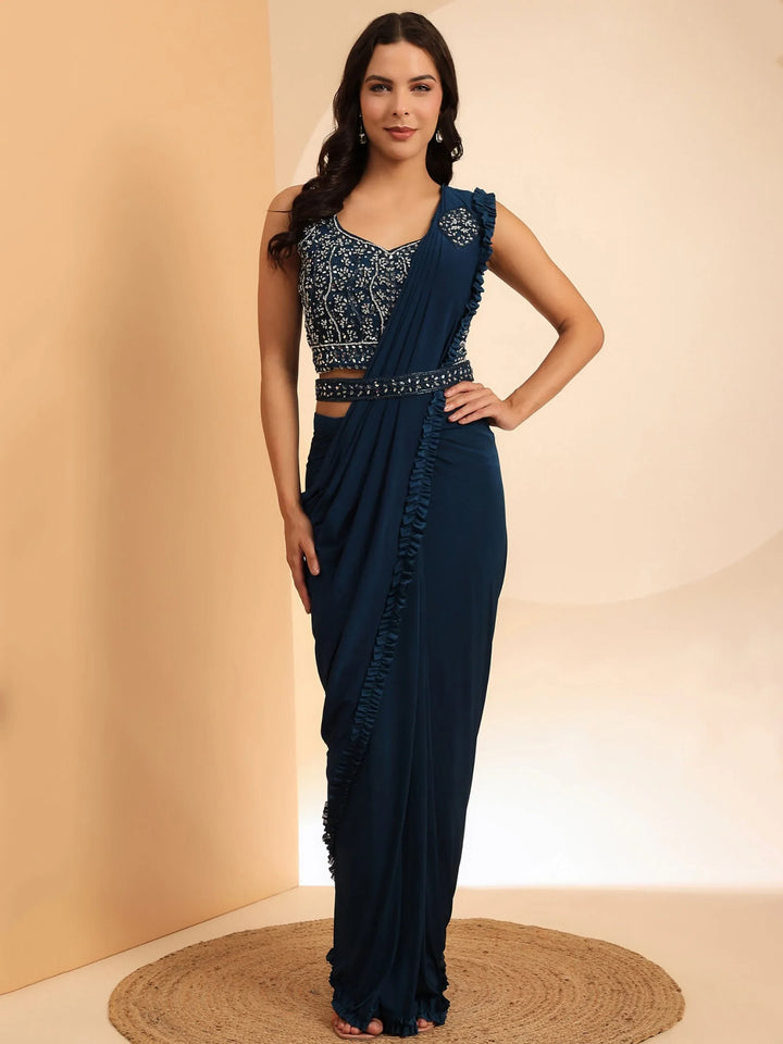 Mesmerizing Navy Blue Lycra Ready To Wear Saree With Blouse - Zeel Clothing