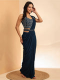 Mesmerizing Navy Blue Lycra Ready To Wear Saree With Blouse - Zeel Clothing