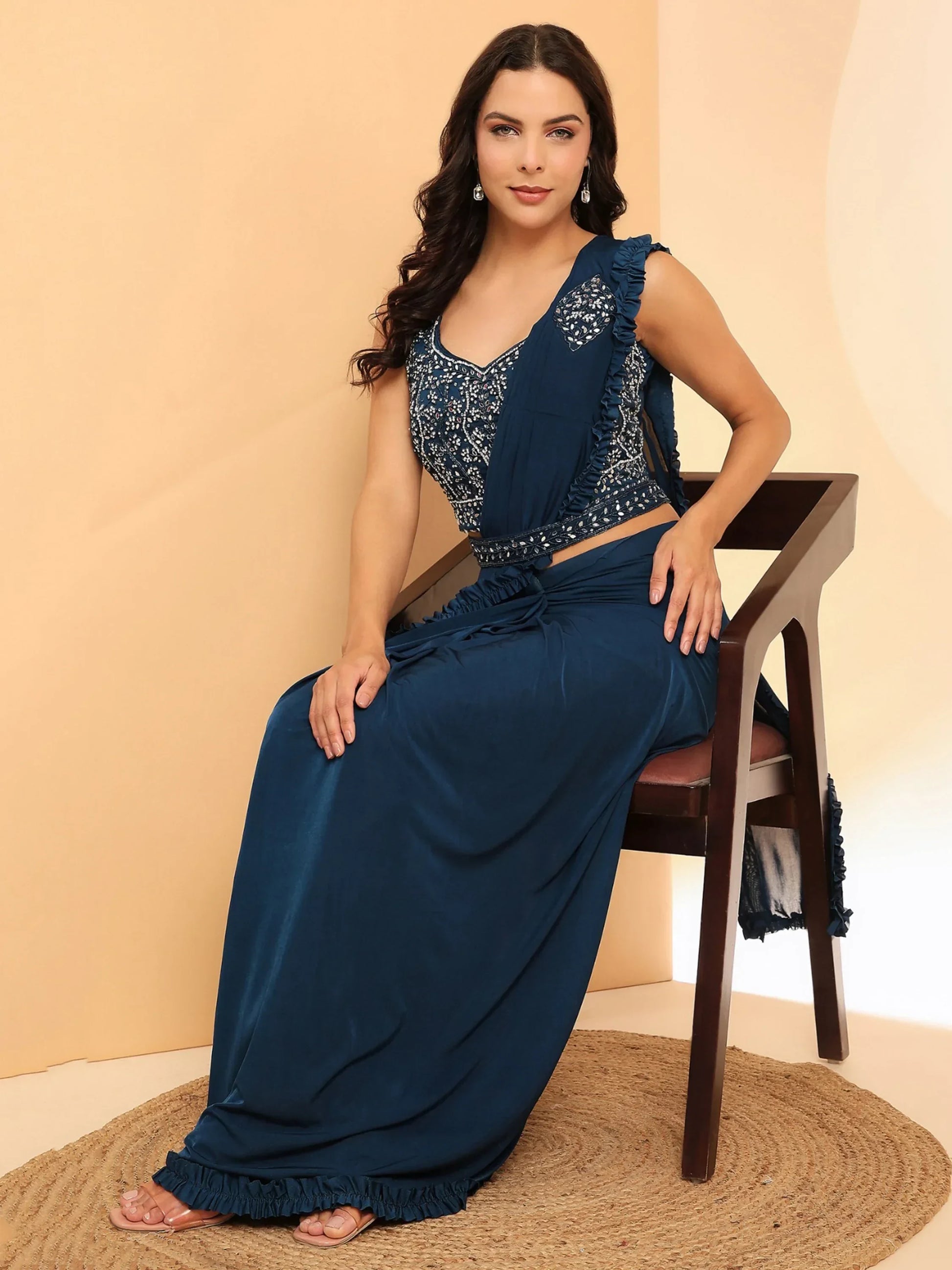 Mesmerizing Navy Blue Lycra Ready To Wear Saree With Blouse - Zeel Clothing