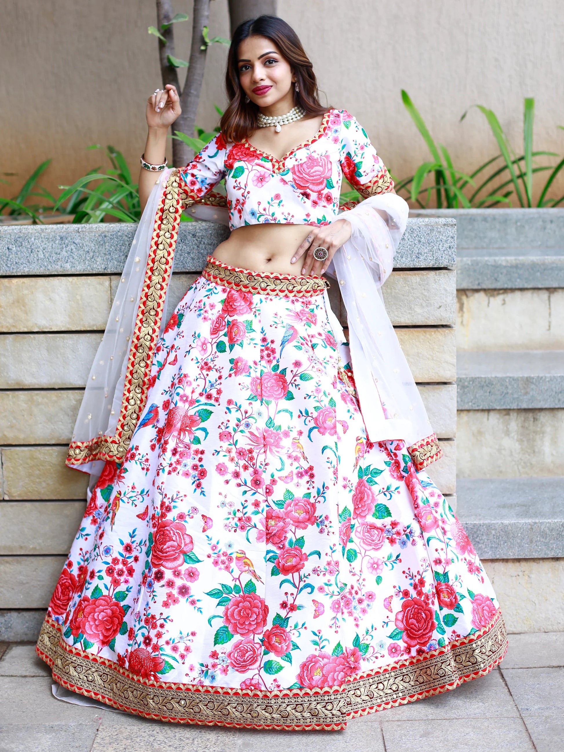 Mesmerizing Off White Floral Printed Art Silk Sangeet Wear Lehenga Choli - Zeel Clothing