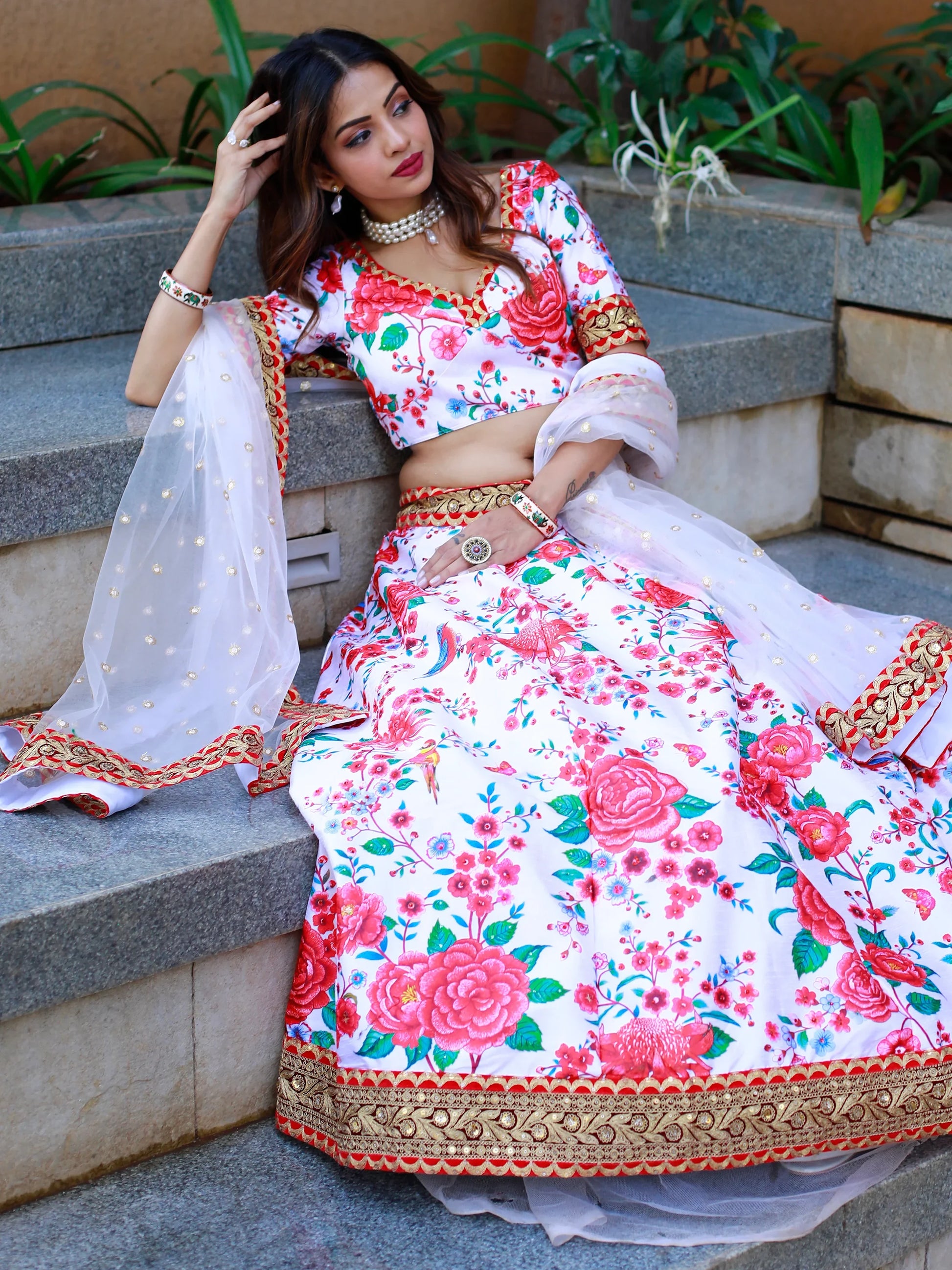 Mesmerizing Off White Floral Printed Art Silk Sangeet Wear Lehenga Choli - Zeel Clothing