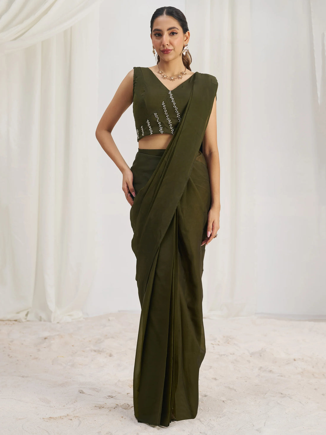 Mesmerizing Olive Green Hand Work Organza Pre-Stitched Saree - Zeel Clothing
