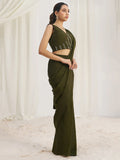 Mesmerizing Olive Green Hand Work Organza Pre-Stitched Saree - Zeel Clothing
