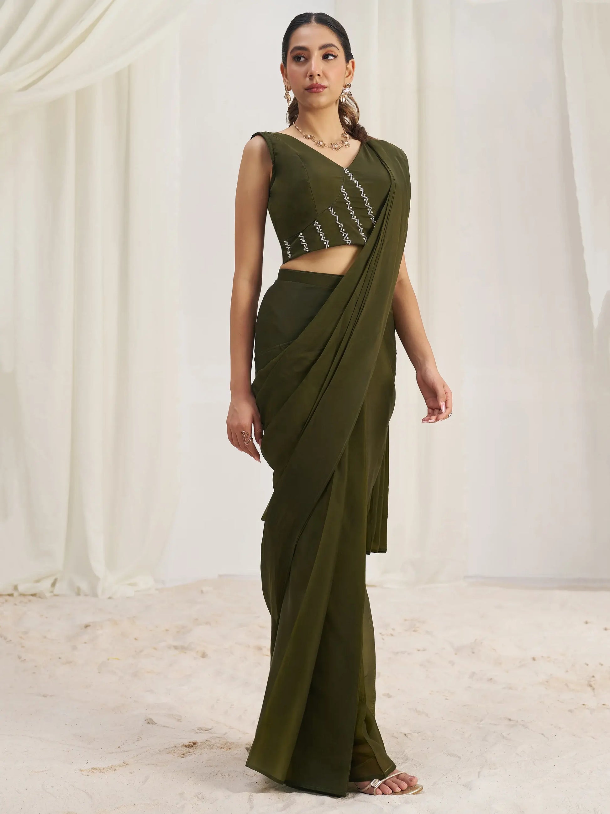 Mesmerizing Olive Green Hand Work Organza Pre-Stitched Saree - Zeel Clothing