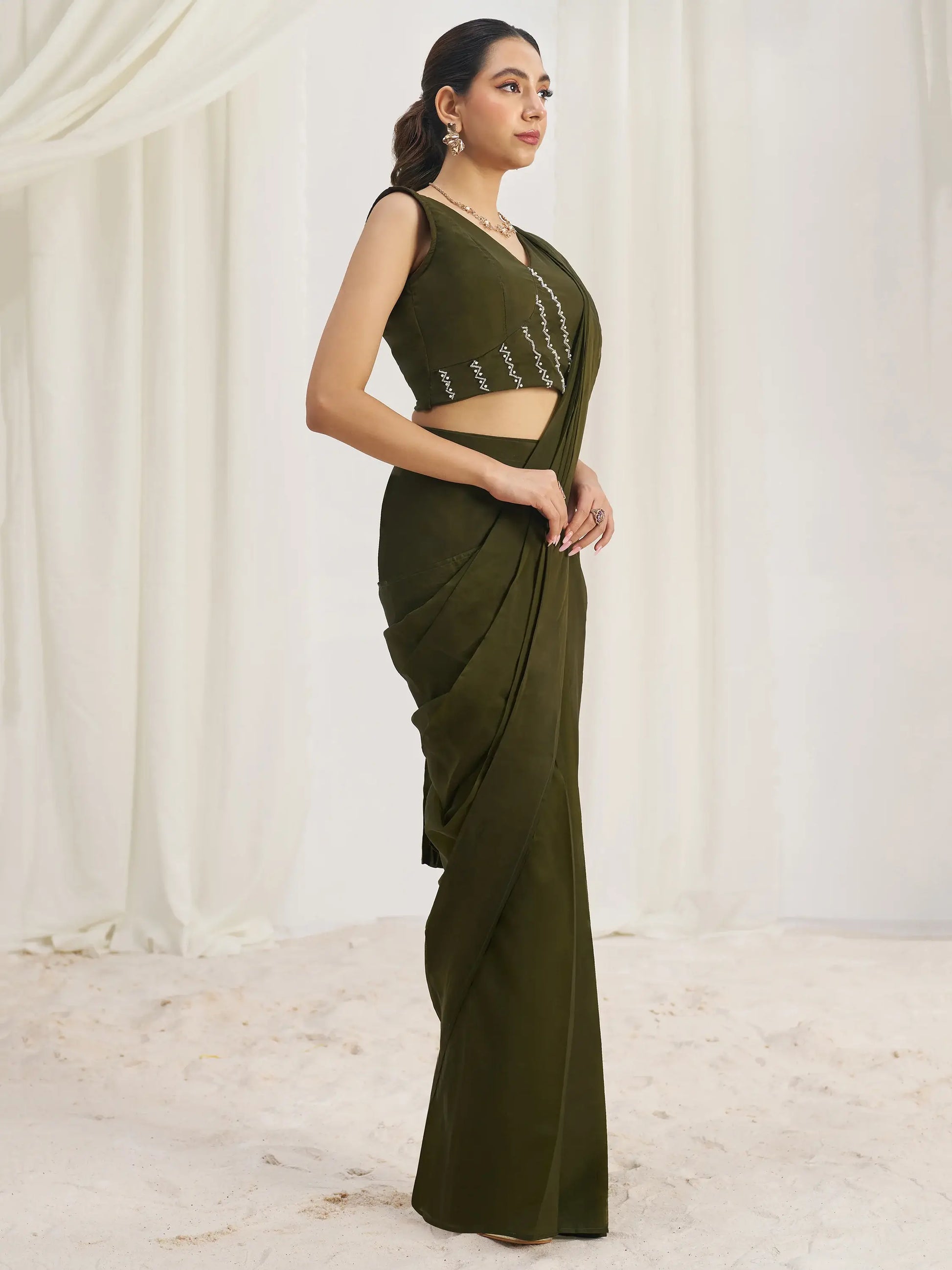 Mesmerizing Olive Green Hand Work Organza Pre-Stitched Saree - Zeel Clothing