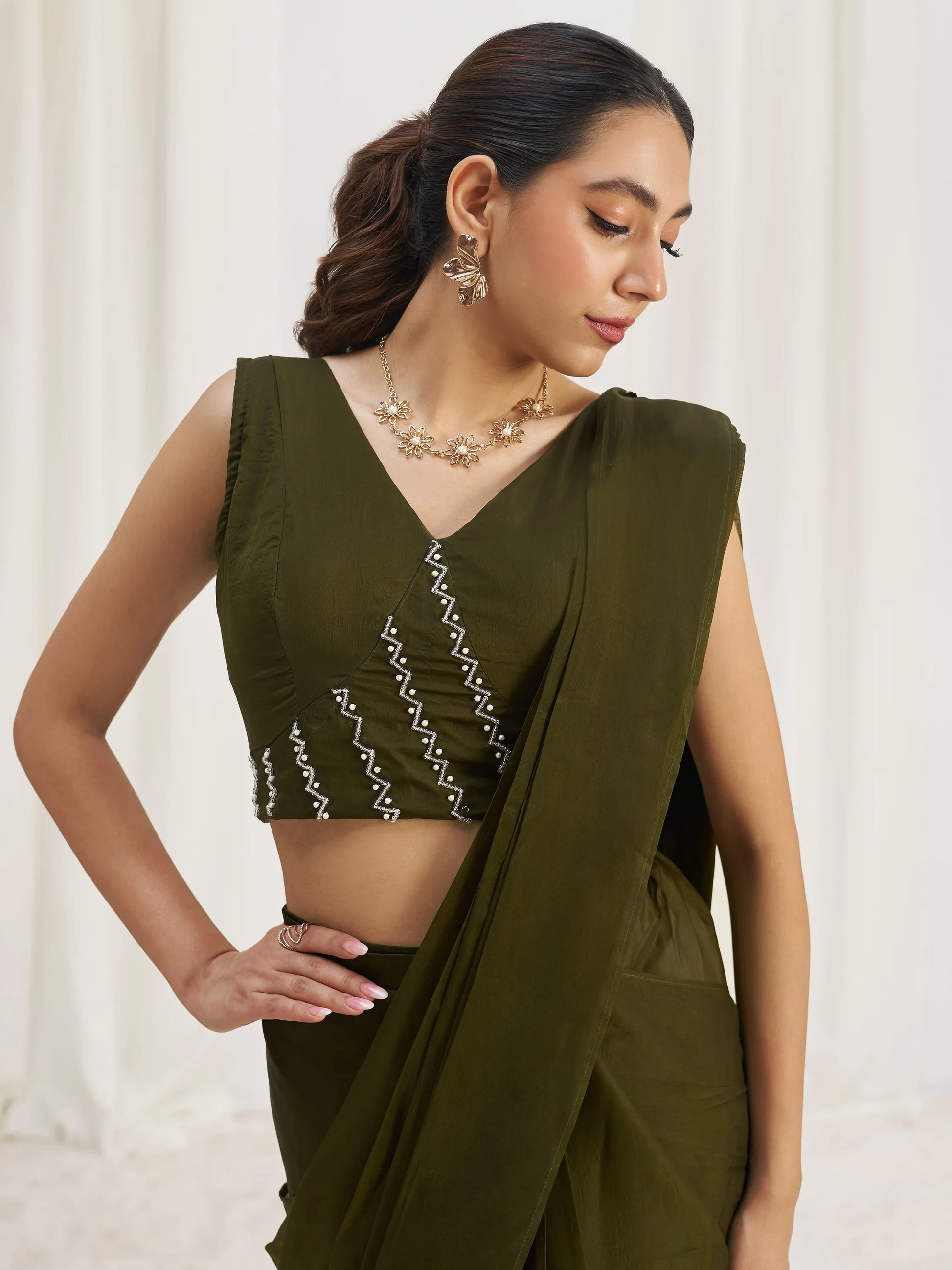 Mesmerizing Olive Green Hand Work Organza Pre-Stitched Saree - Zeel Clothing