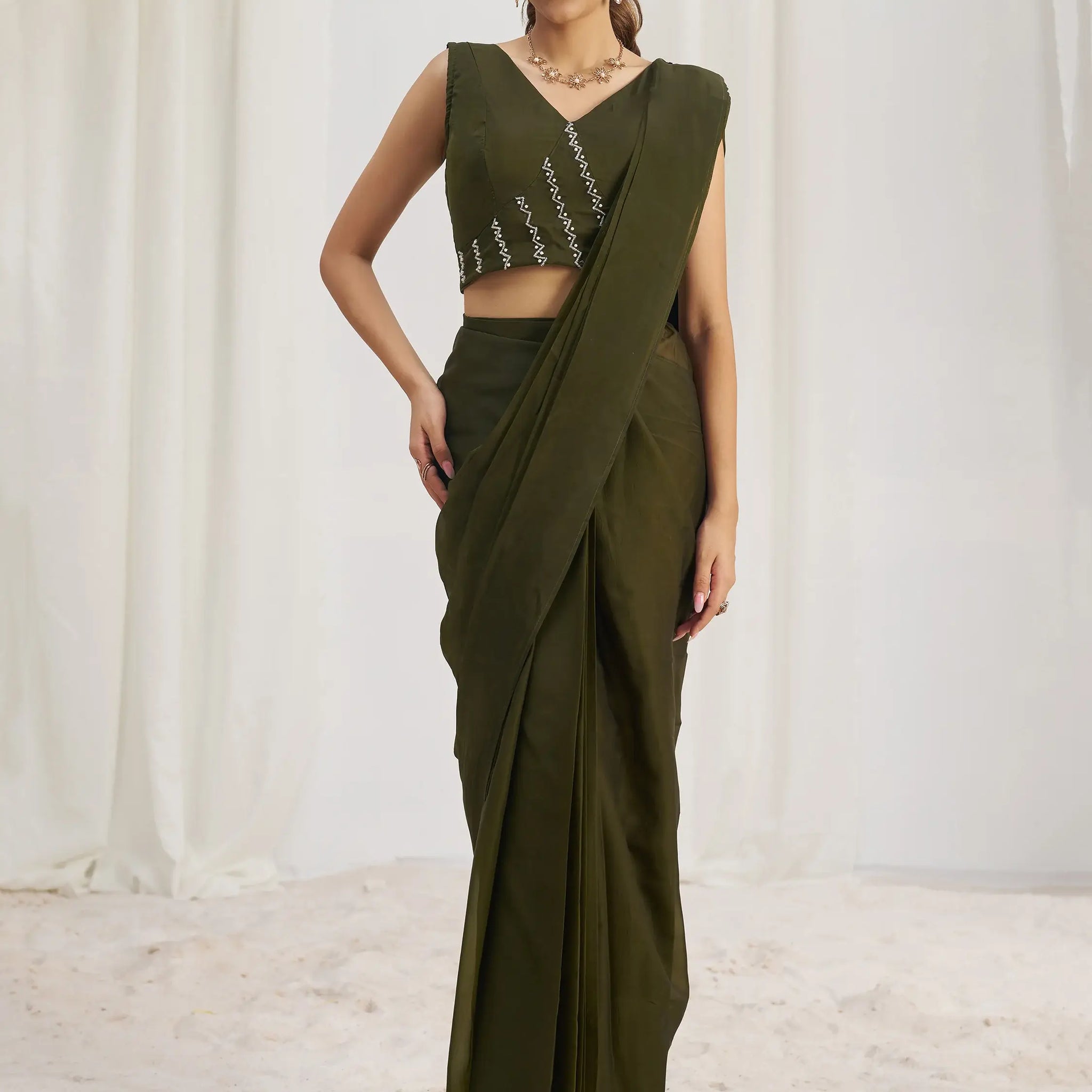 Mesmerizing Olive Green Hand Work Organza Pre-Stitched Saree - Zeel Clothing