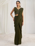 Mesmerizing Olive Green Hand Work Organza Pre-Stitched Saree - Zeel Clothing
