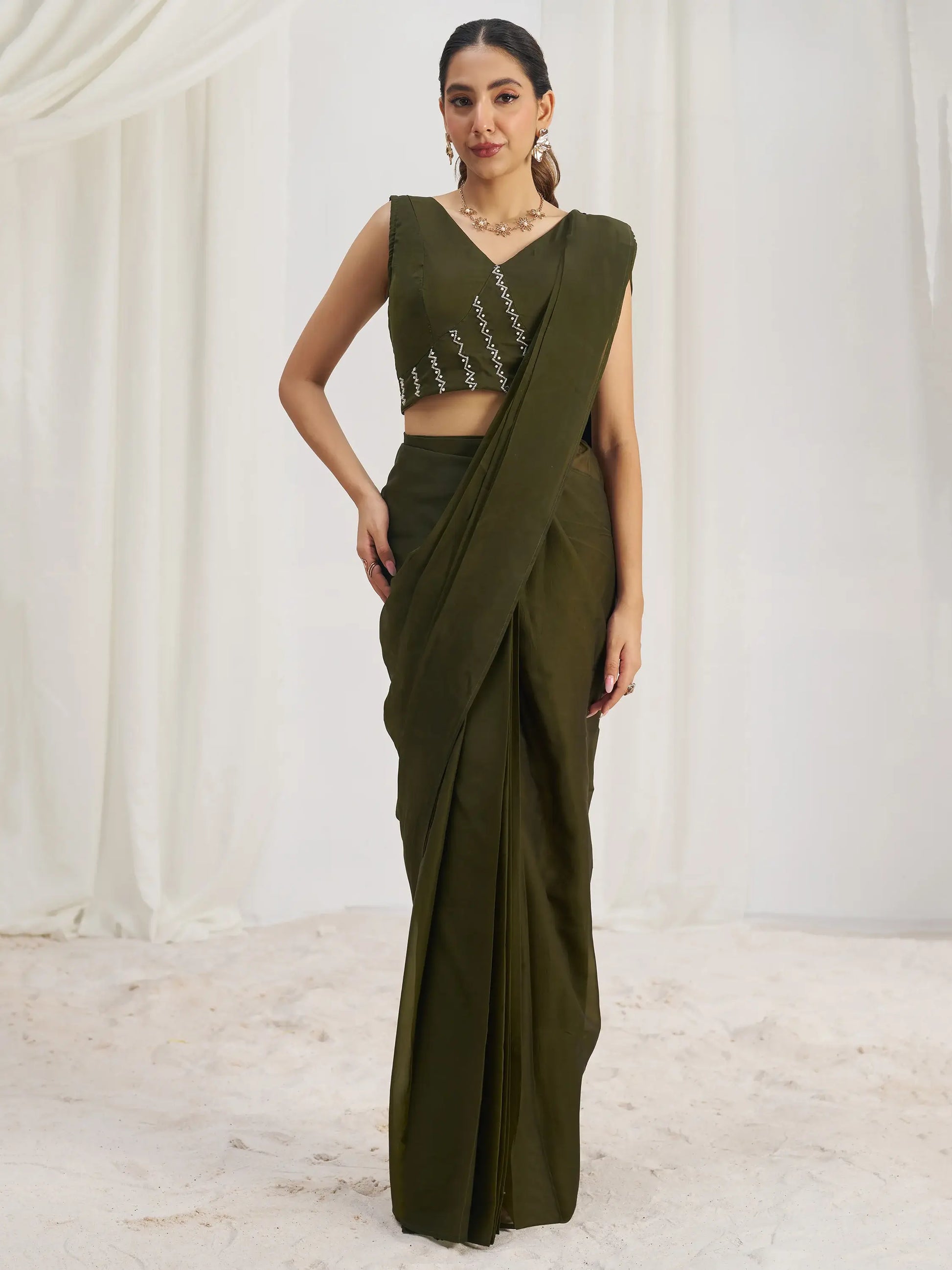 Mesmerizing Olive Green Hand Work Organza Pre-Stitched Saree - Zeel Clothing