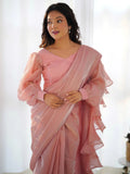 Mesmerizing Peach Organza Party Wear Readymade Saree With Blouse - Zeel Clothing