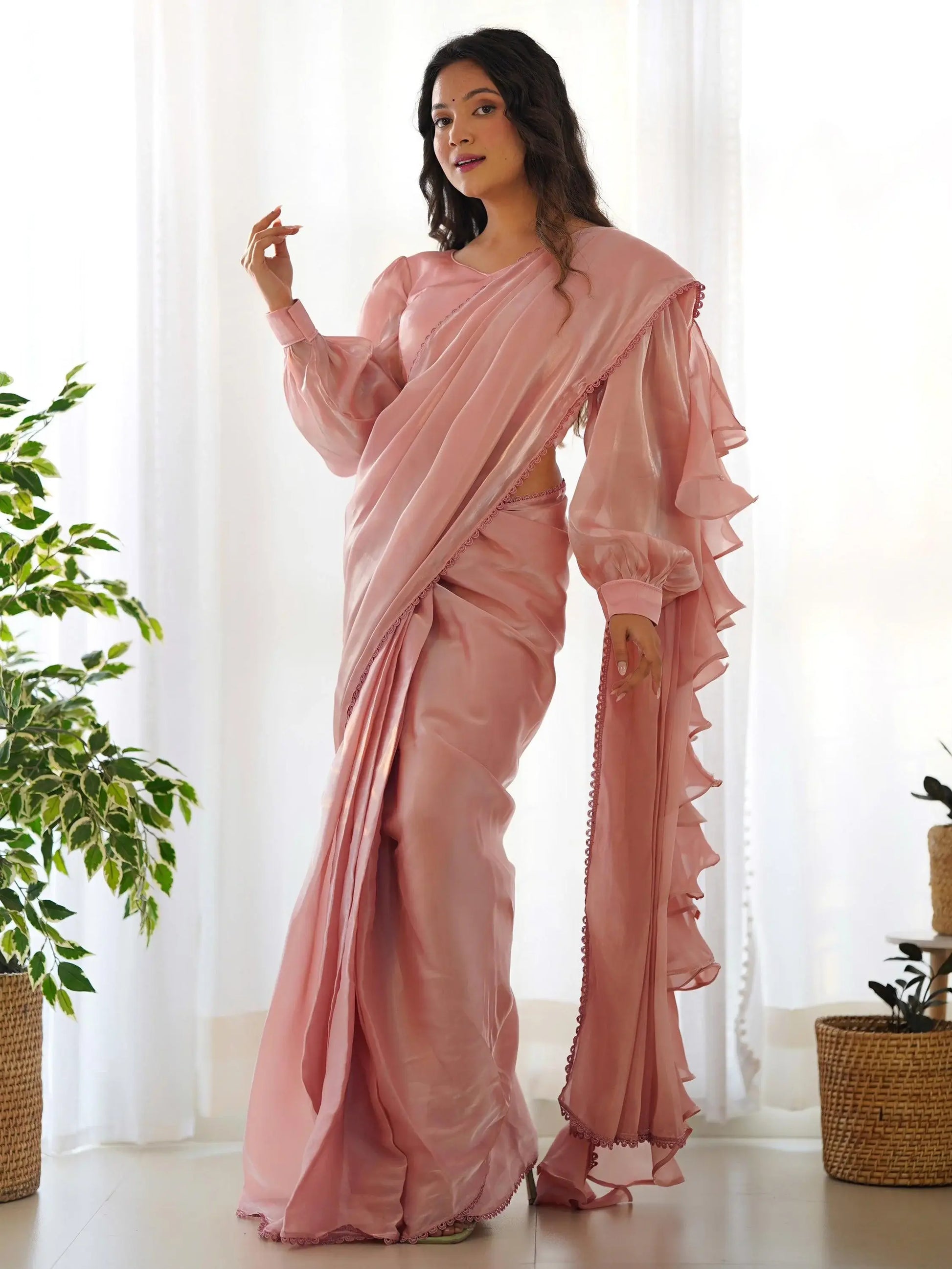 Mesmerizing Peach Organza Party Wear Readymade Saree With Blouse - Zeel Clothing