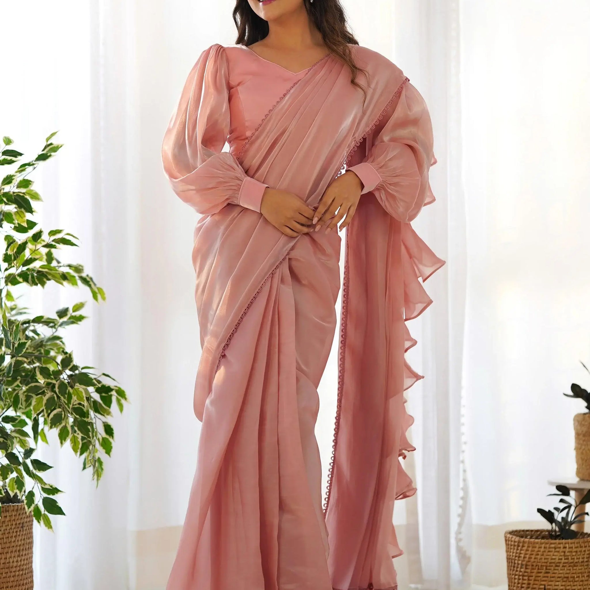 Mesmerizing Peach Organza Party Wear Readymade Saree With Blouse - Zeel Clothing