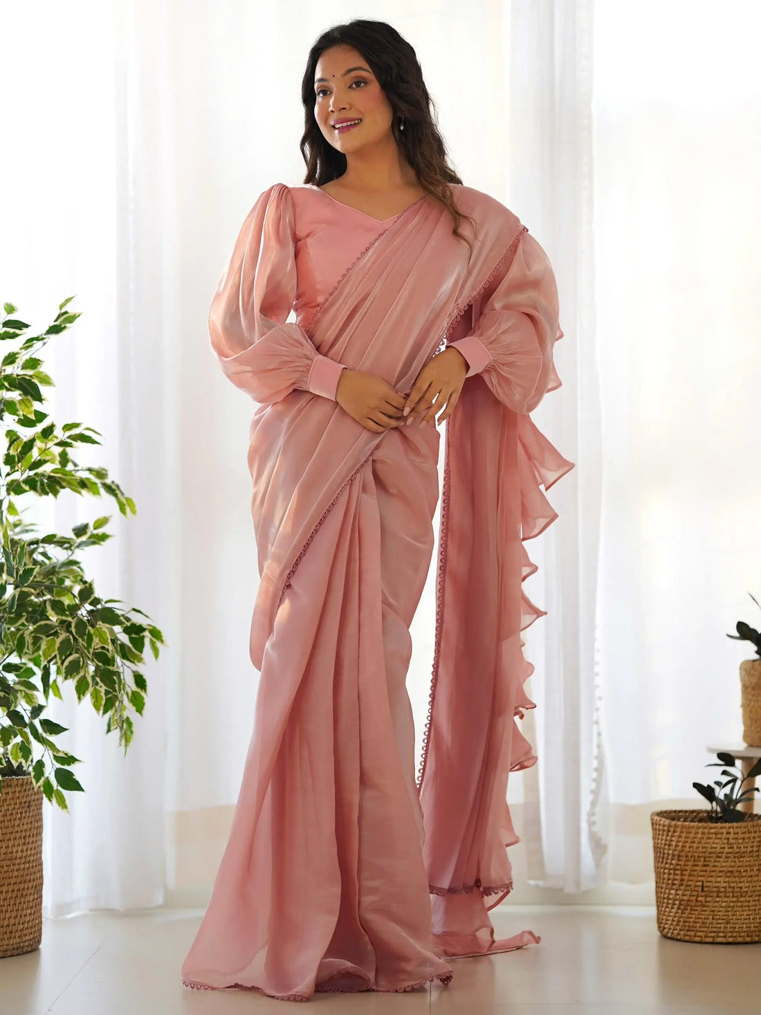 Mesmerizing Peach Organza Party Wear Readymade Saree With Blouse - Zeel Clothing