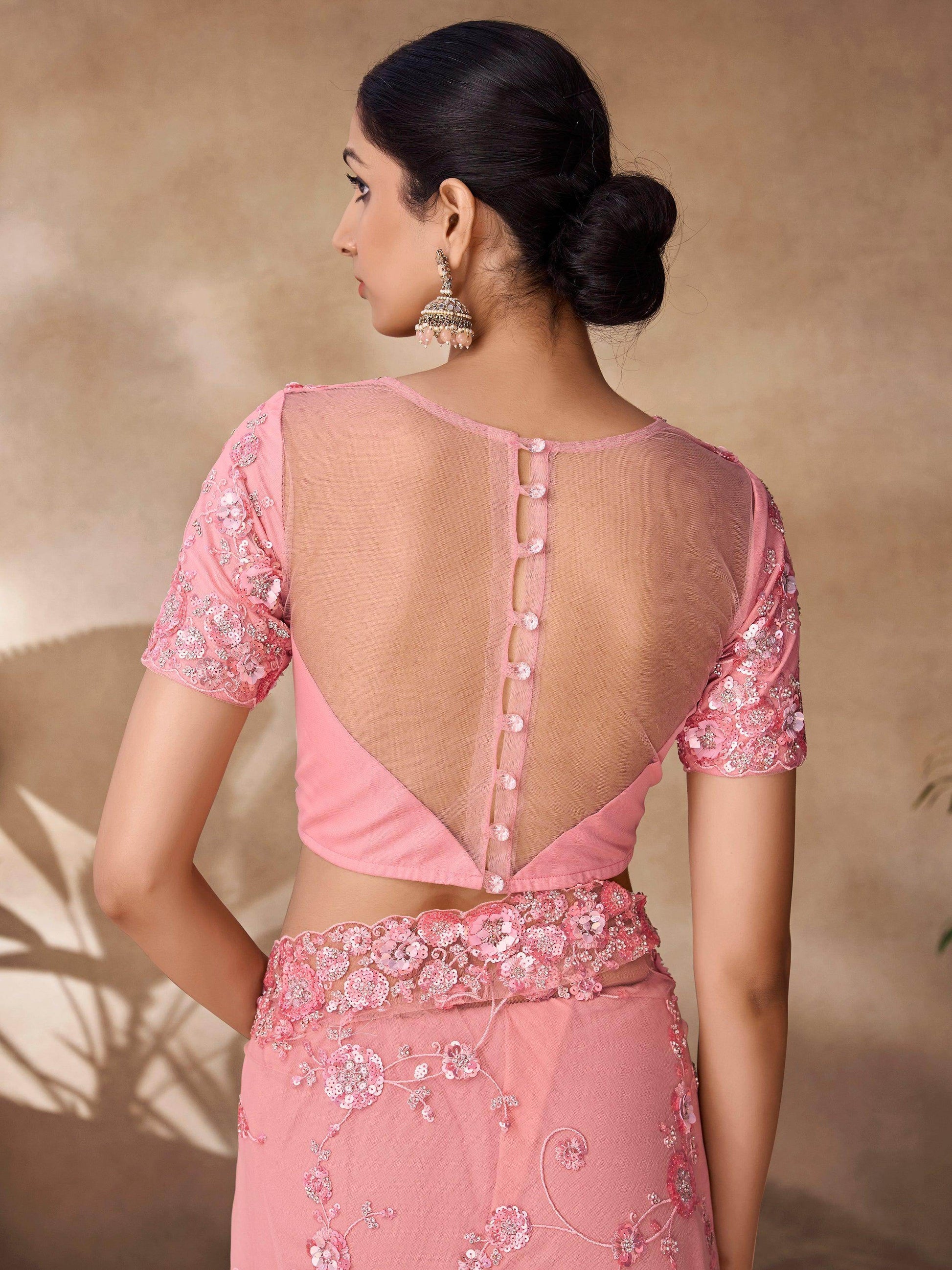 Mesmerizing Peach Sequins Net Reception Wear Saree With Blouse - Zeel Clothing