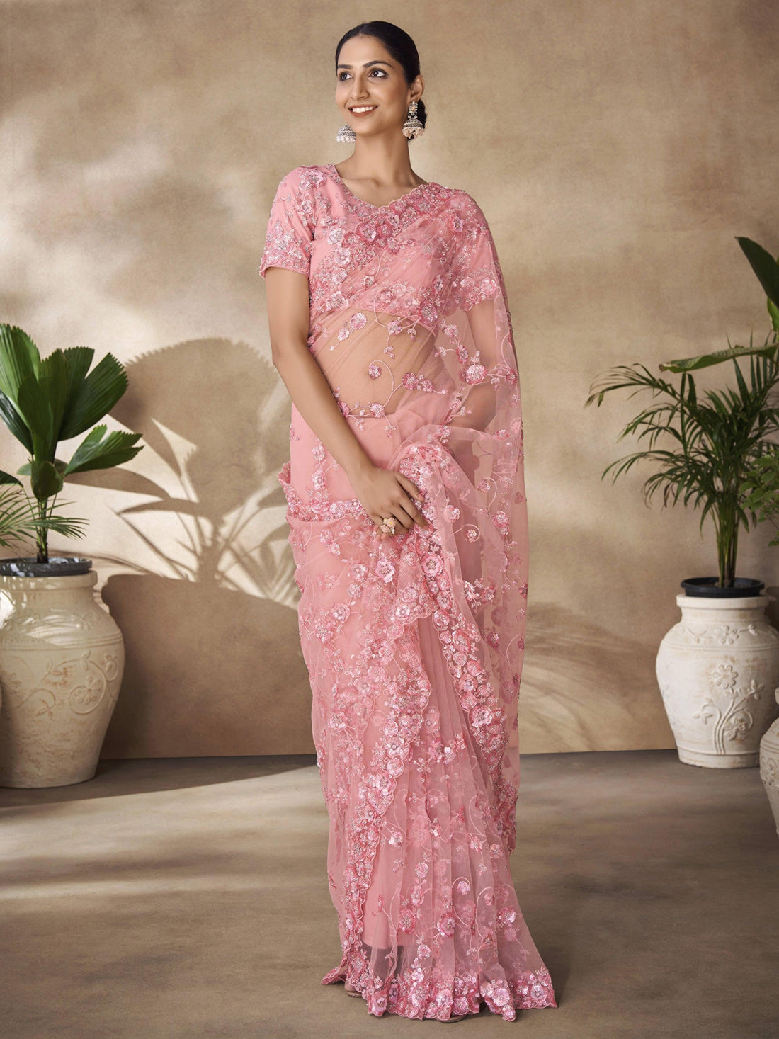 Mesmerizing Peach Sequins Net Reception Wear Saree With Blouse