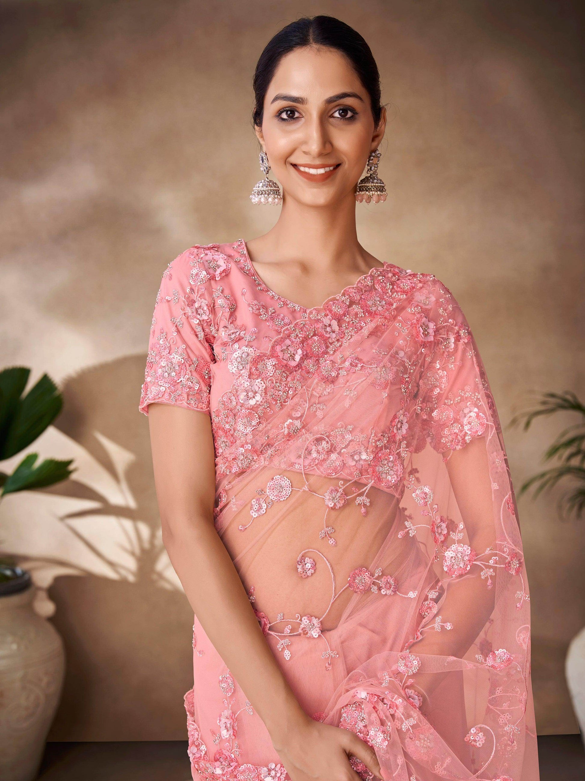 Mesmerizing Peach Sequins Net Reception Wear Saree With Blouse - Zeel Clothing