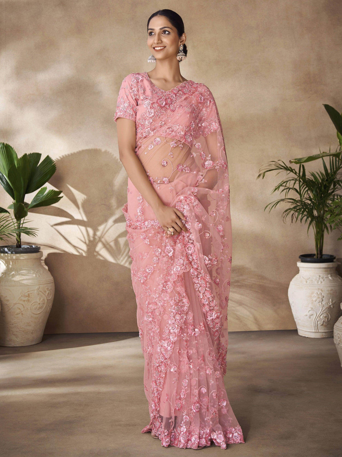 Mesmerizing Peach Sequins Net Reception Wear Saree With Blouse - Zeel Clothing