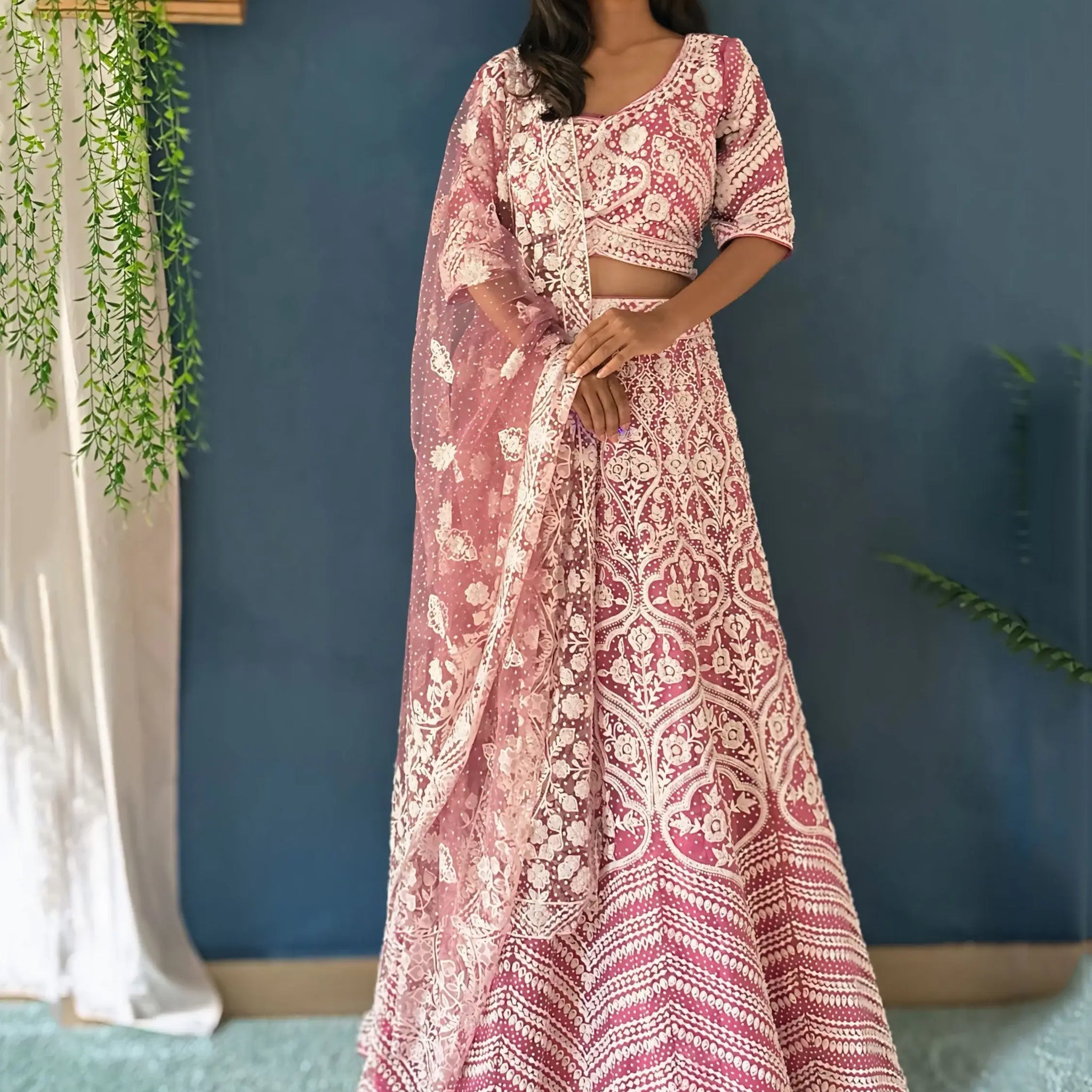 Mesmerizing Pink Beads Work Net Engagement Wear Lehenga Choli - Zeel Clothing