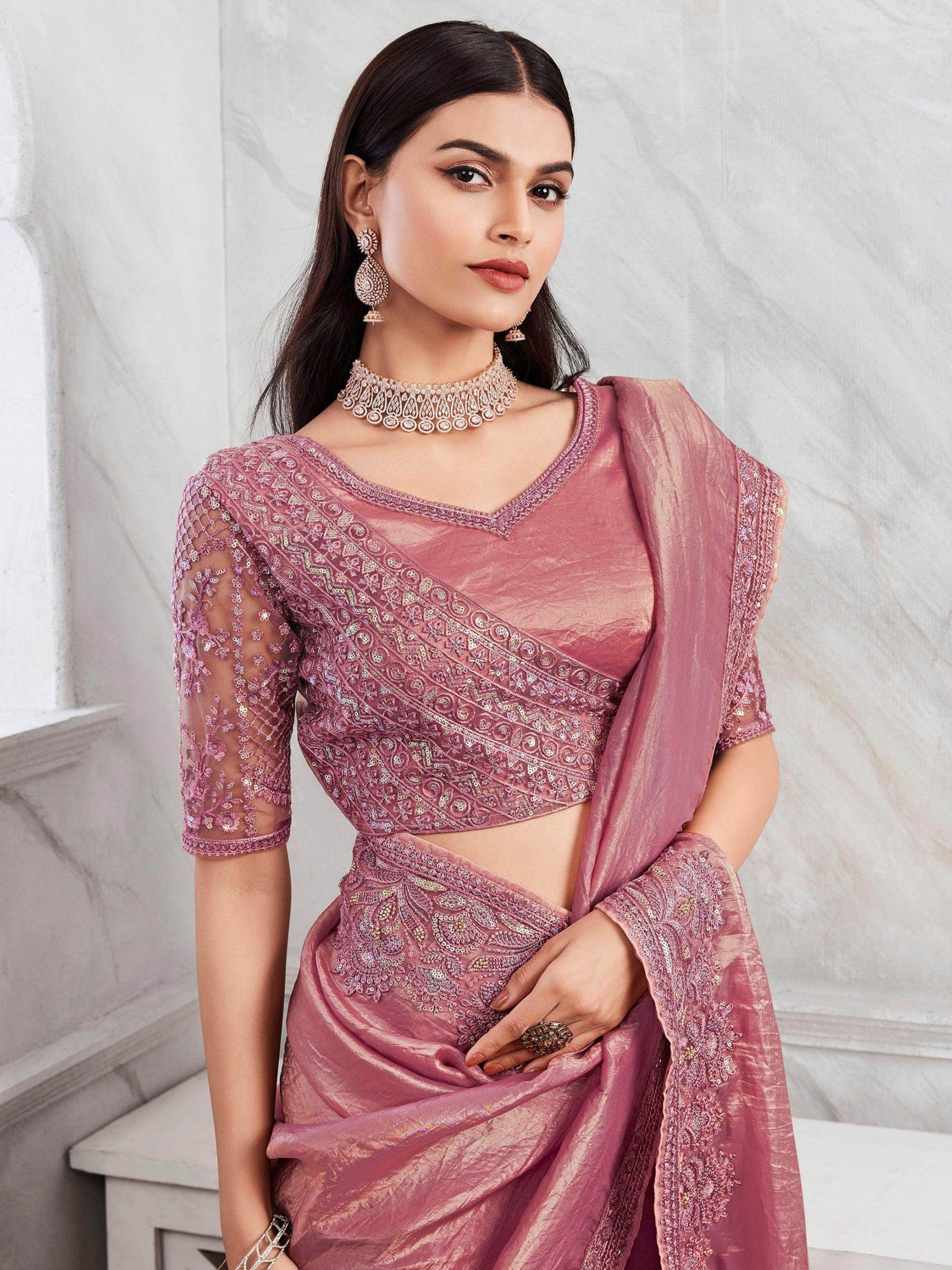 Mesmerizing Pink Embroidered Silk Designer Saree With Blouse - Zeel Clothing