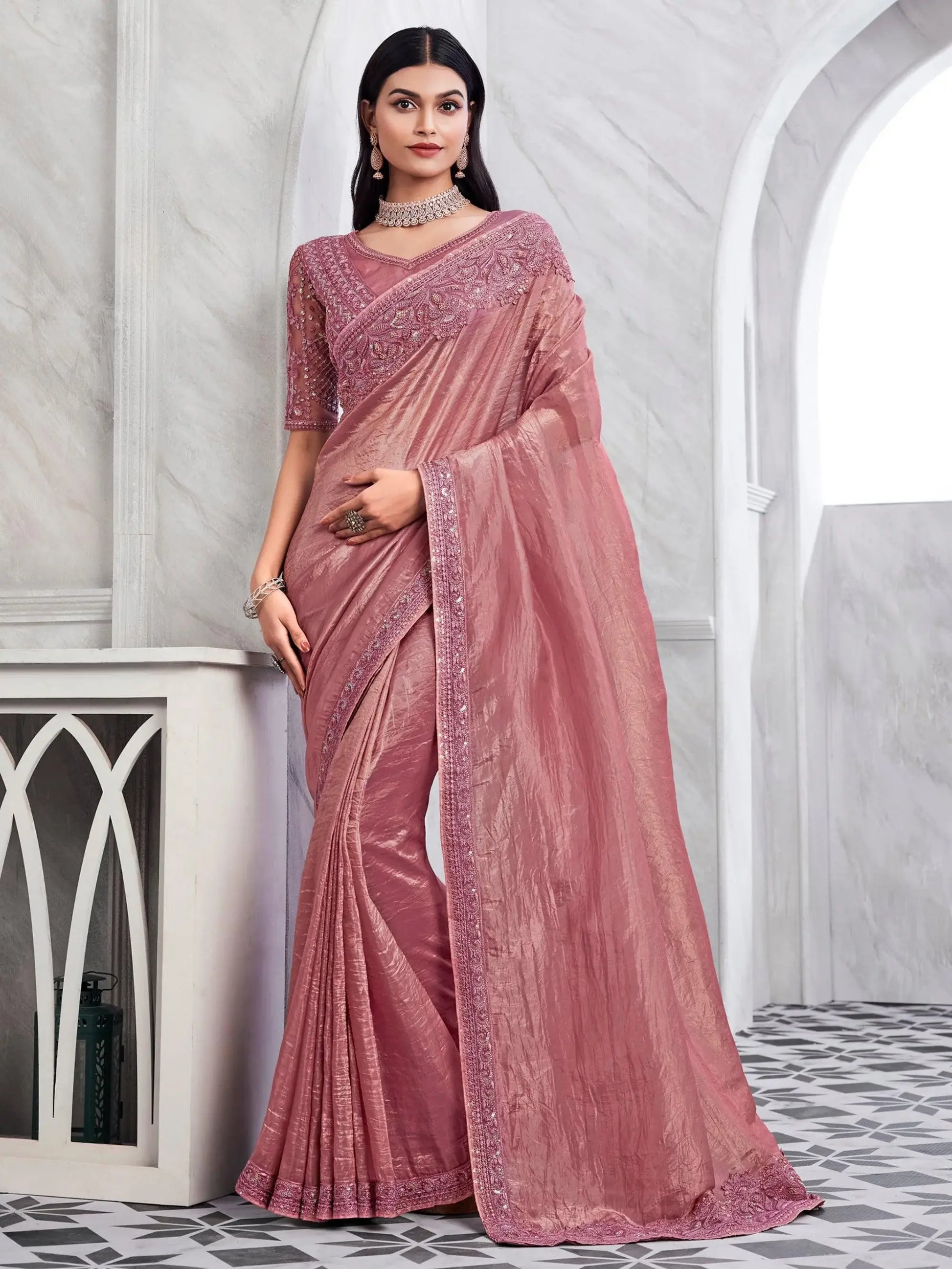 Mesmerizing Pink Embroidered Silk Designer Saree With Blouse - Zeel Clothing