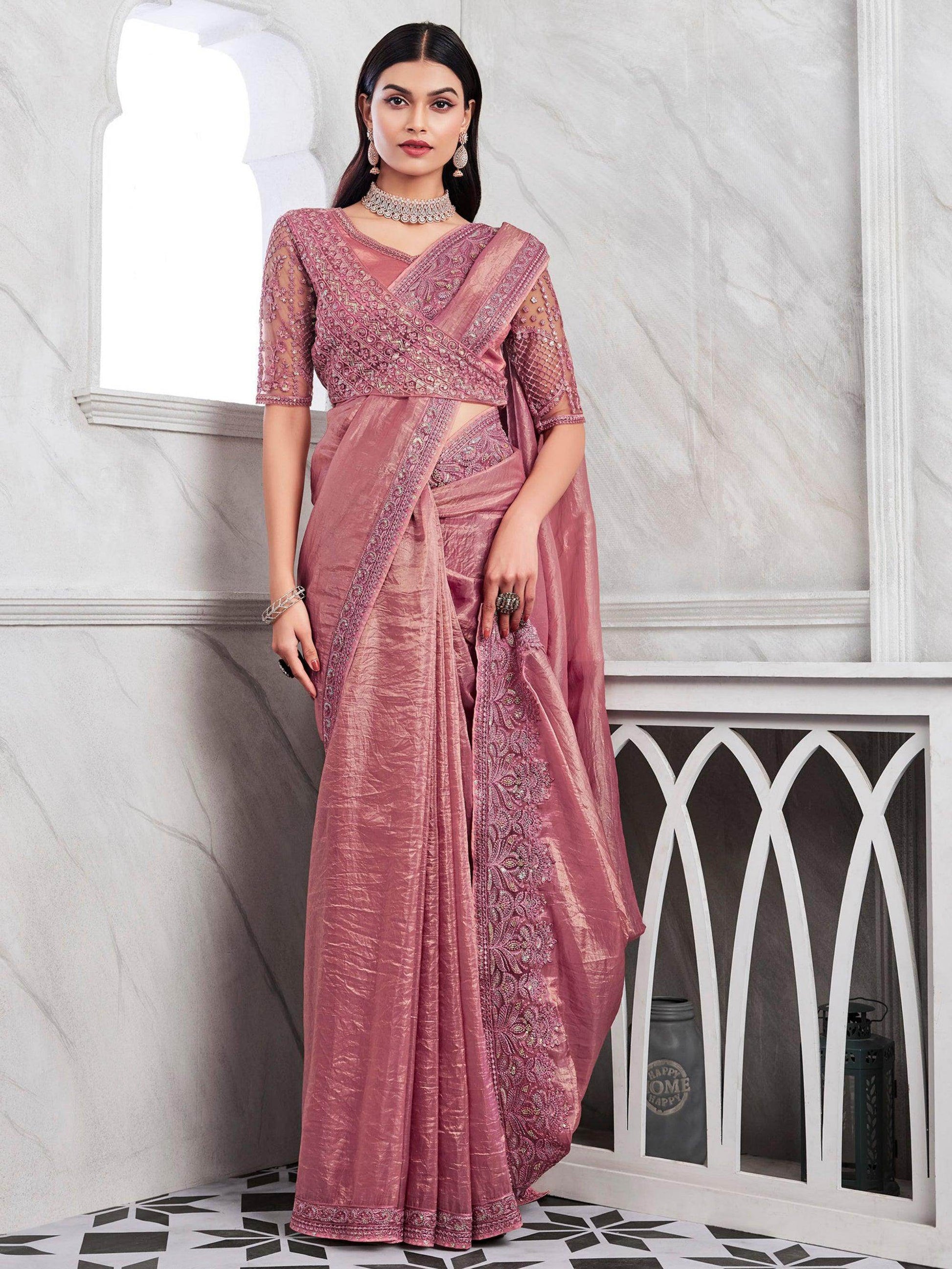 Mesmerizing Pink Embroidered Silk Designer Saree With Blouse - Zeel Clothing