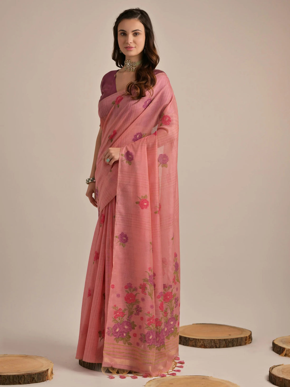 Mesmerizing Pink Floral Printed Cotton Festive Wear Saree With Blouse - Zeel Clothing
