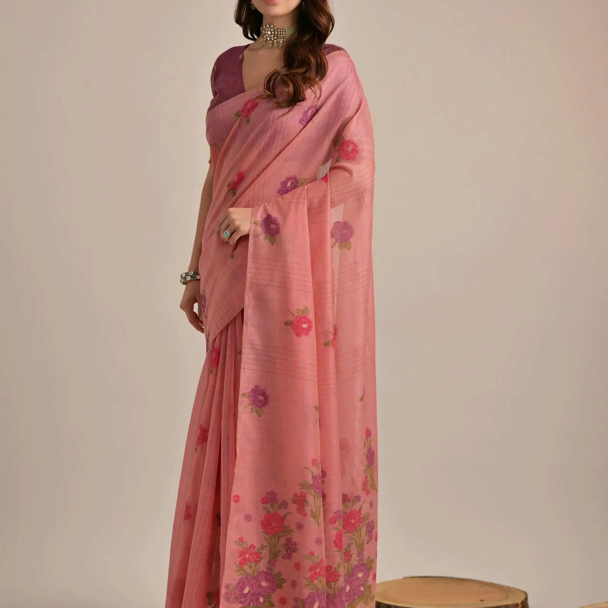Mesmerizing Pink Floral Printed Cotton Festive Wear Saree With Blouse - Zeel Clothing