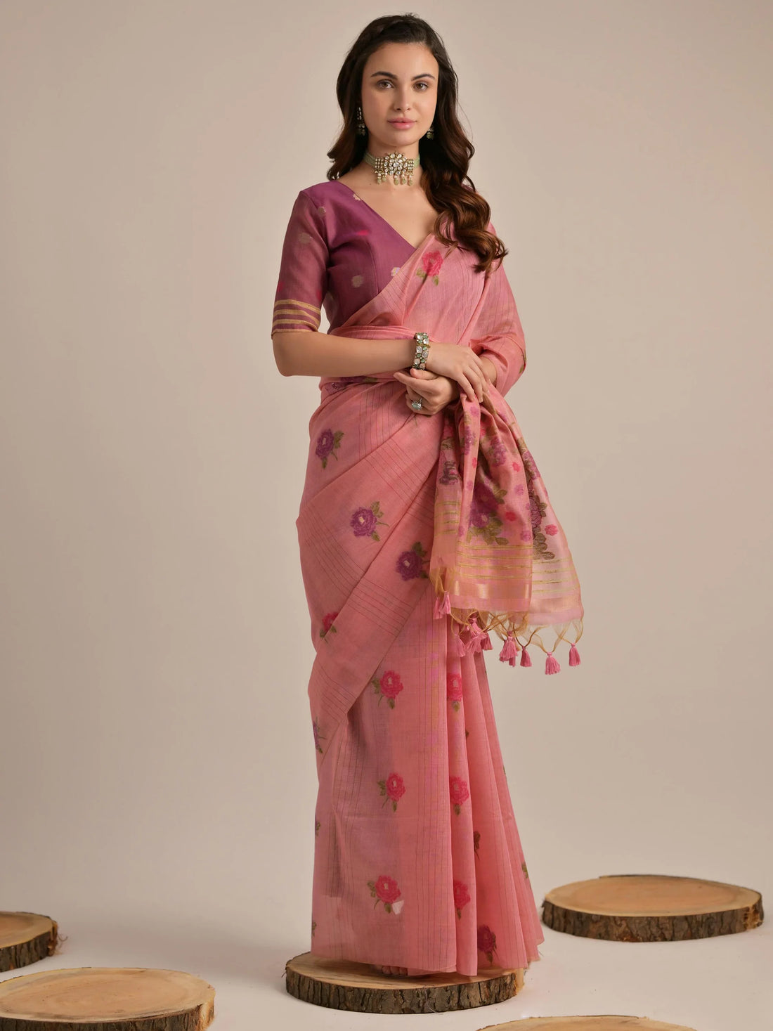 Mesmerizing Pink Floral Printed Cotton Festive Wear Saree With Blouse - Zeel Clothing