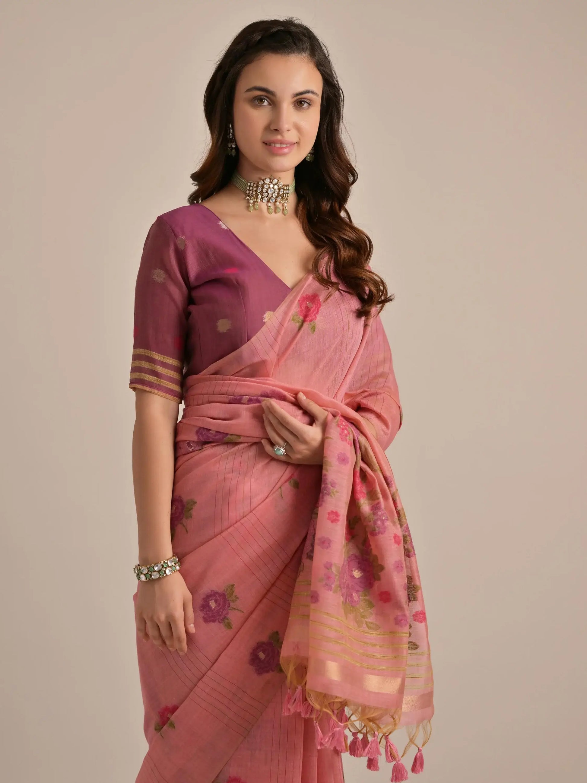 Mesmerizing Pink Floral Printed Cotton Festive Wear Saree With Blouse - Zeel Clothing