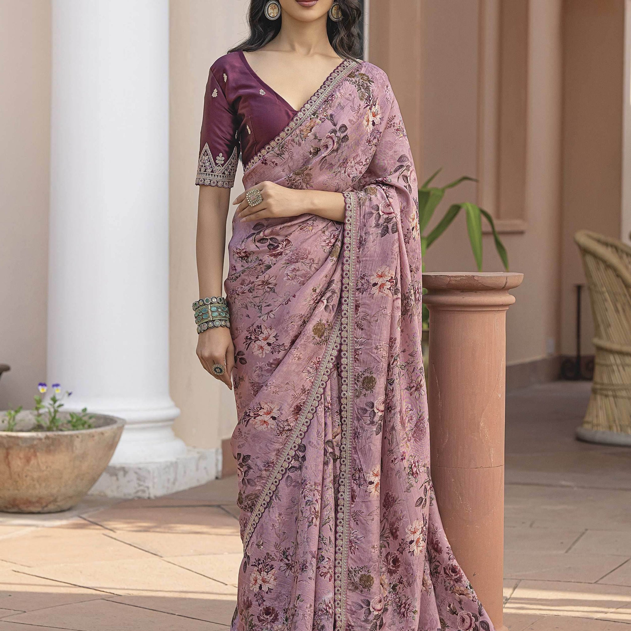 Mesmerizing Pink Floral Printed Silk Festive Wear Saree With Blouse - Zeel Clothing