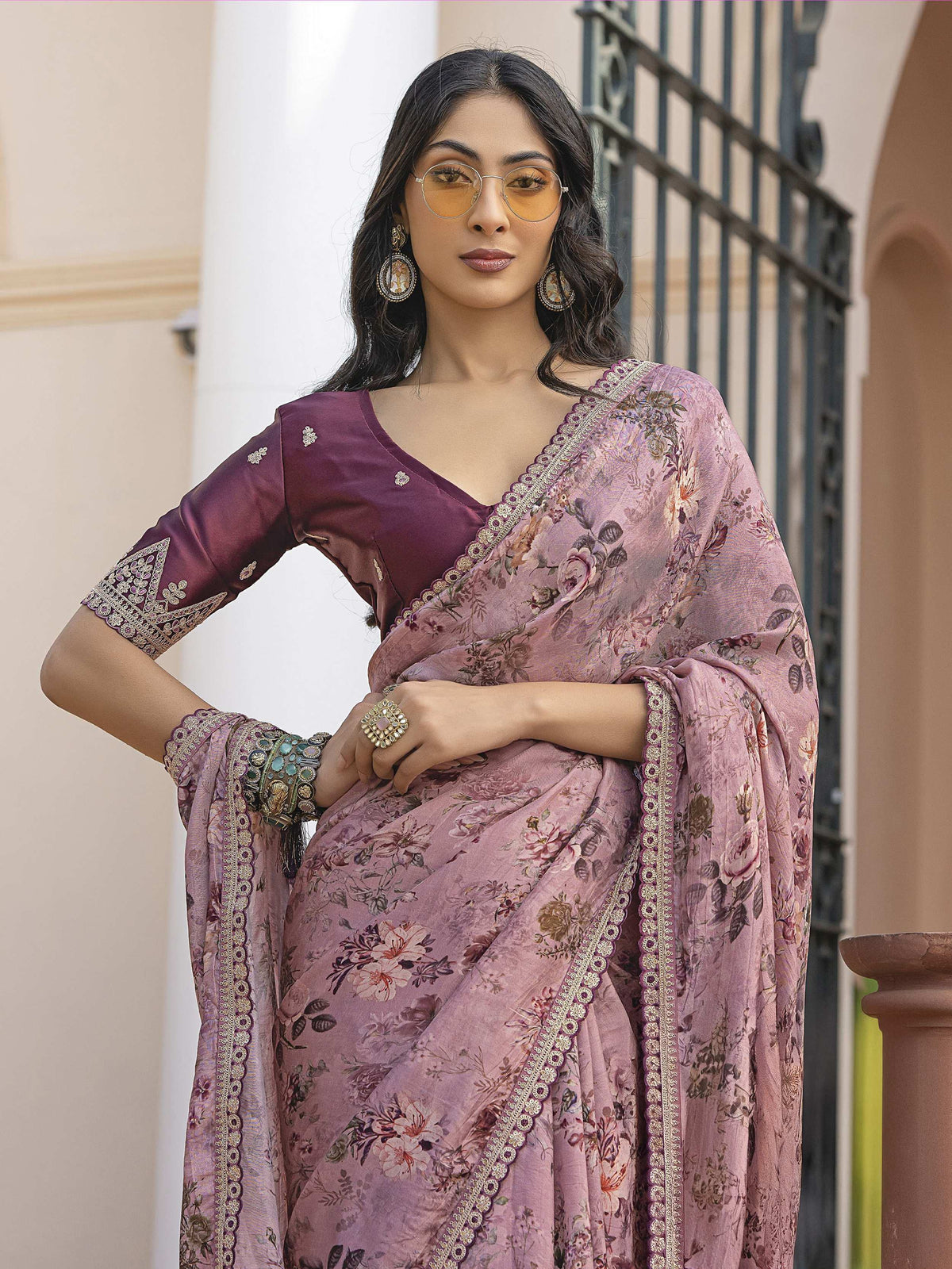Mesmerizing Pink Floral Printed Silk Festive Wear Saree With Blouse - Zeel Clothing