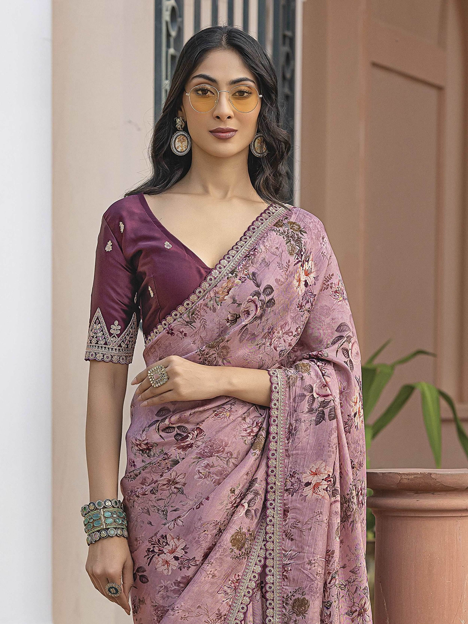 Mesmerizing Pink Floral Printed Silk Festive Wear Saree With Blouse - Zeel Clothing