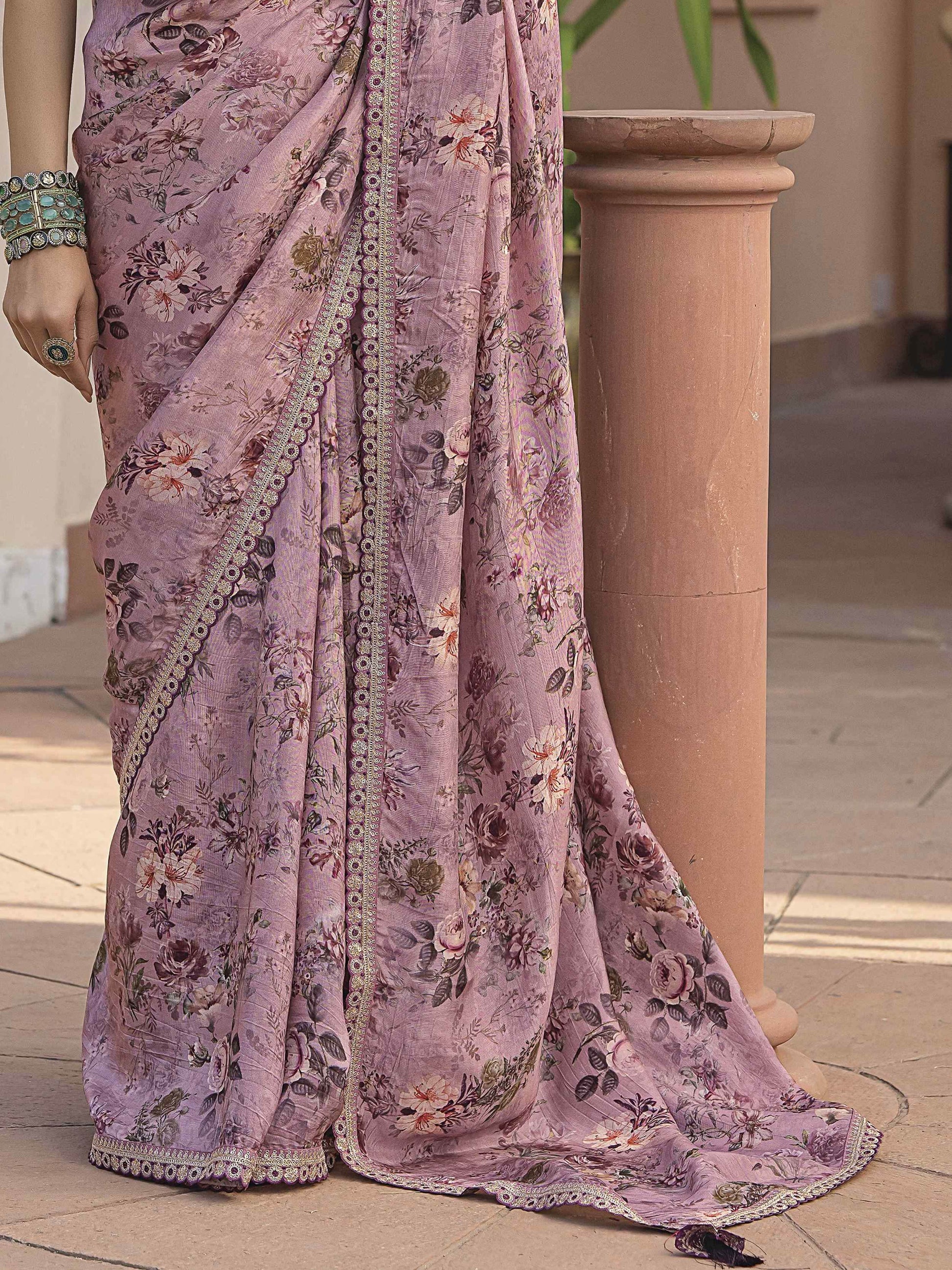 Mesmerizing Pink Floral Printed Silk Festive Wear Saree With Blouse - Zeel Clothing