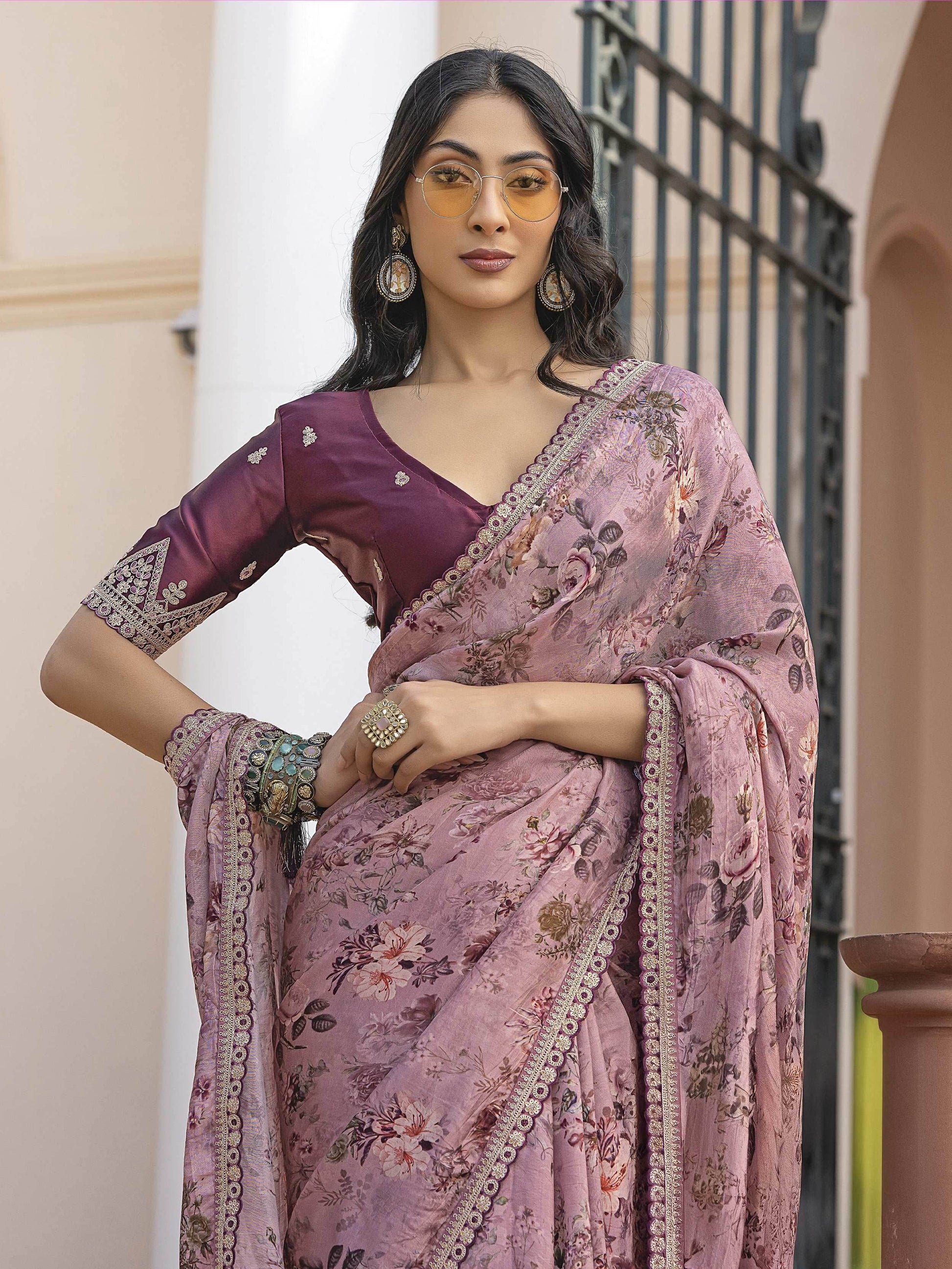 Mesmerizing Pink Floral Printed Silk Festive Wear Saree With Blouse - Zeel Clothing