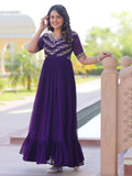 Mesmerizing Purple Bead Embroidered Georgette Evening Wear Gown - Zeel Clothing