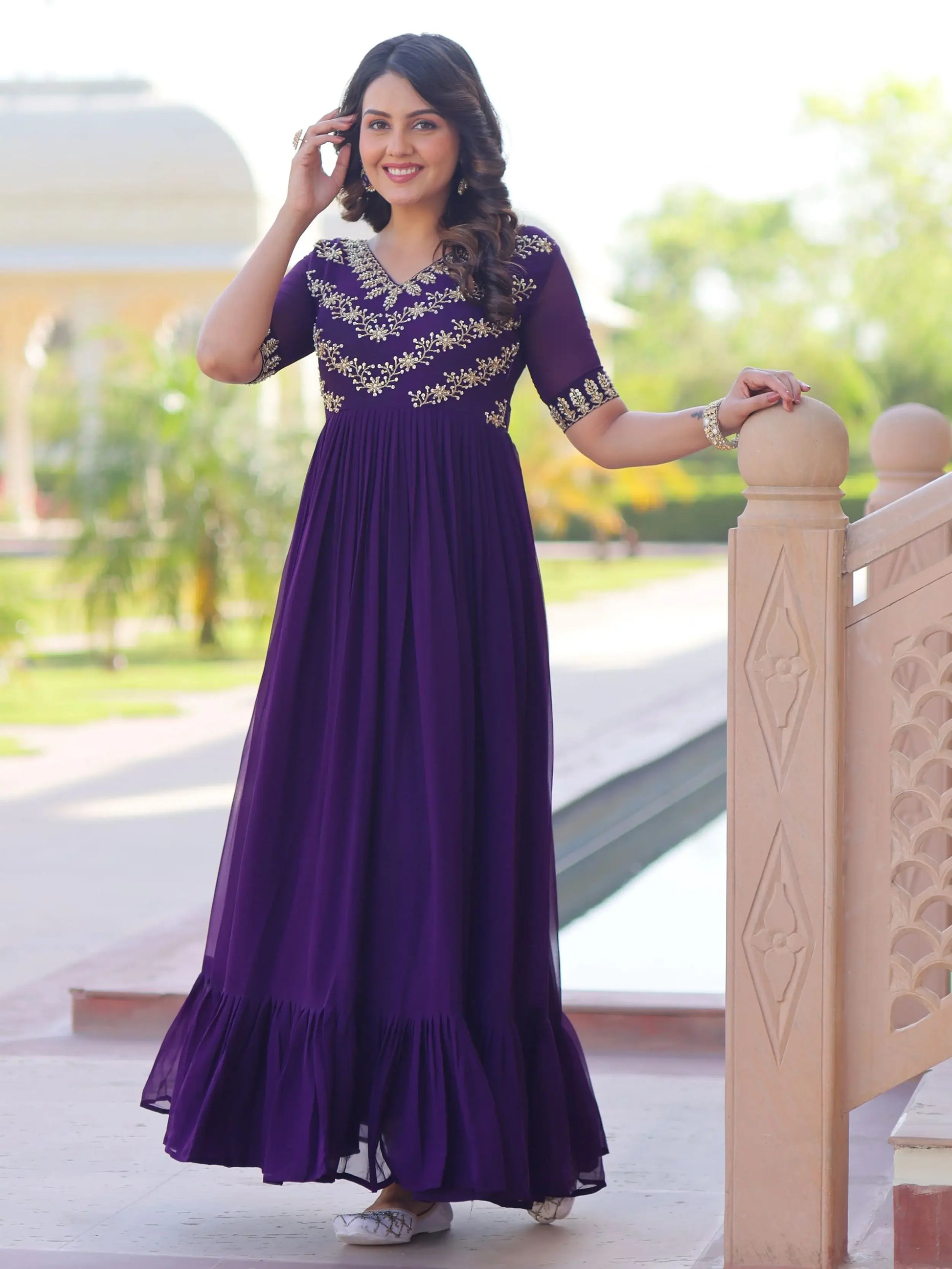 Mesmerizing Purple Bead Embroidered Georgette Evening Wear Gown - Zeel Clothing