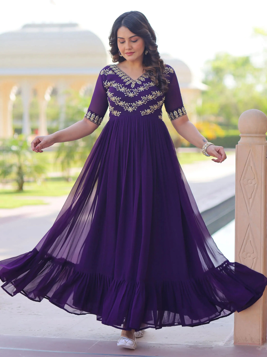 Mesmerizing Purple Bead Embroidered Georgette Evening Wear Gown - Zeel Clothing