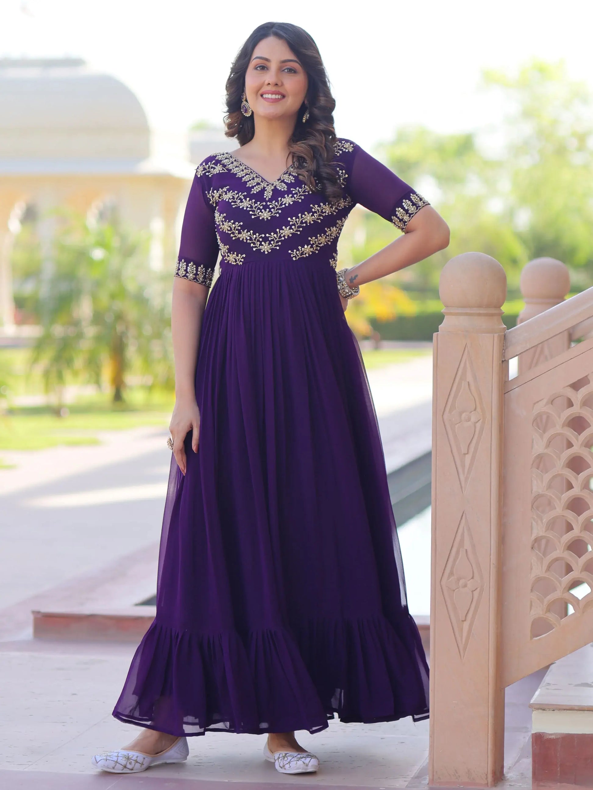 Mesmerizing Purple Bead Embroidered Georgette Evening Wear Gown - Zeel Clothing