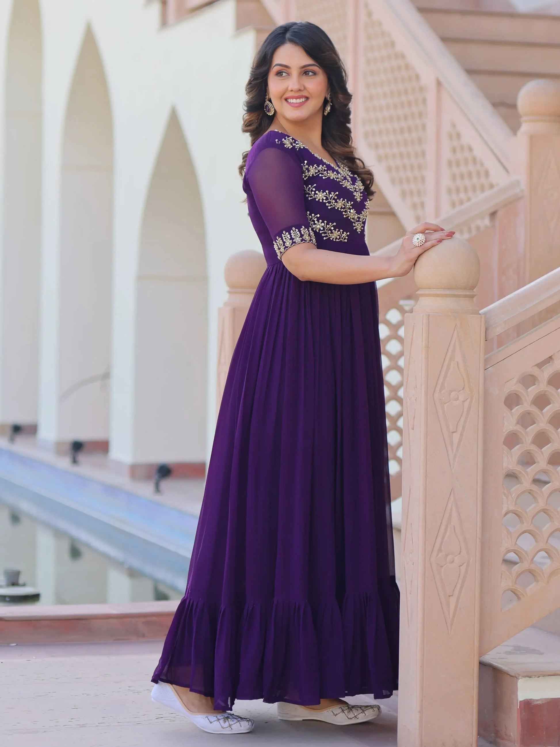Mesmerizing Purple Bead Embroidered Georgette Evening Wear Gown - Zeel Clothing