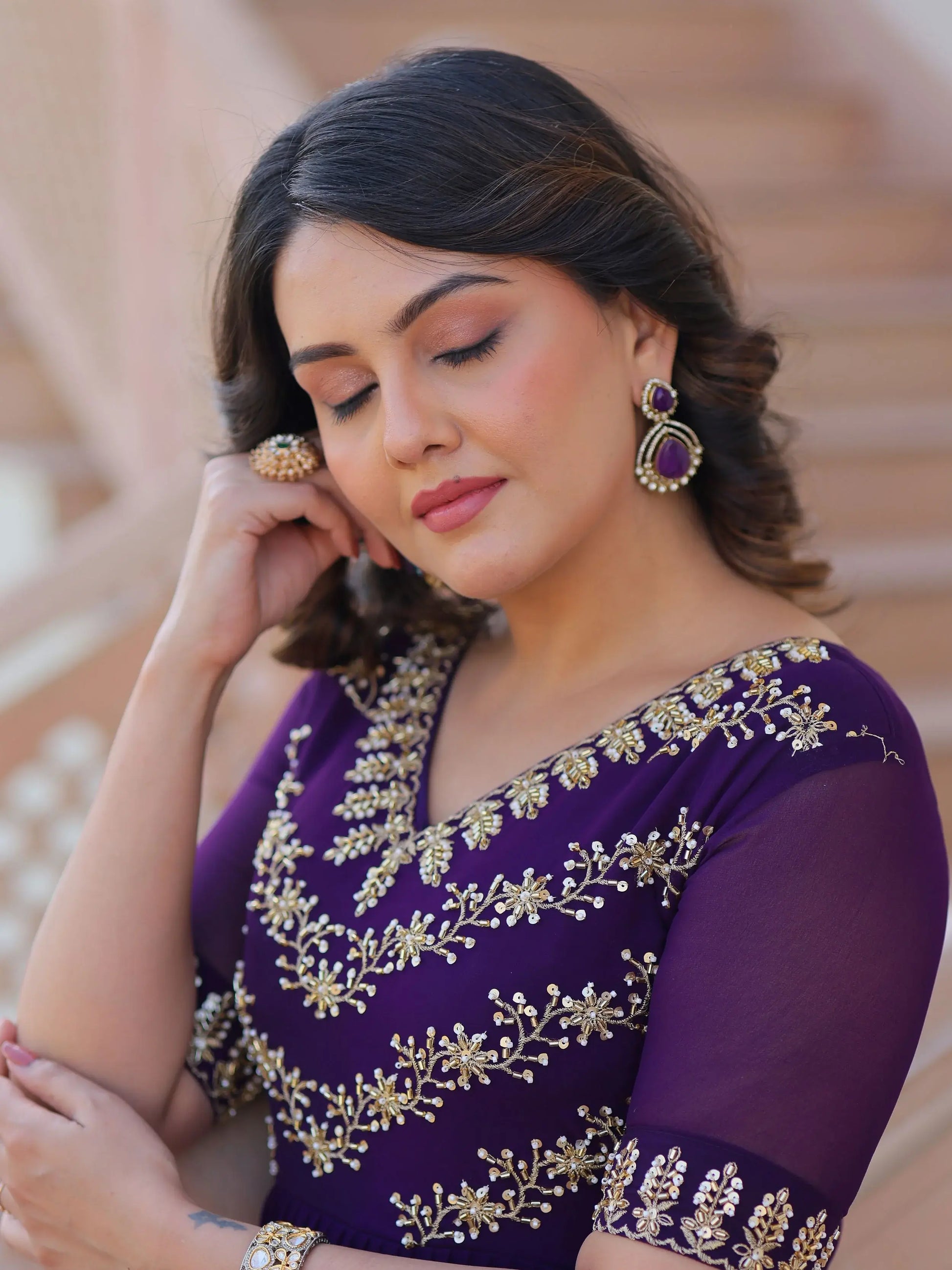 Mesmerizing Purple Bead Embroidered Georgette Evening Wear Gown - Zeel Clothing