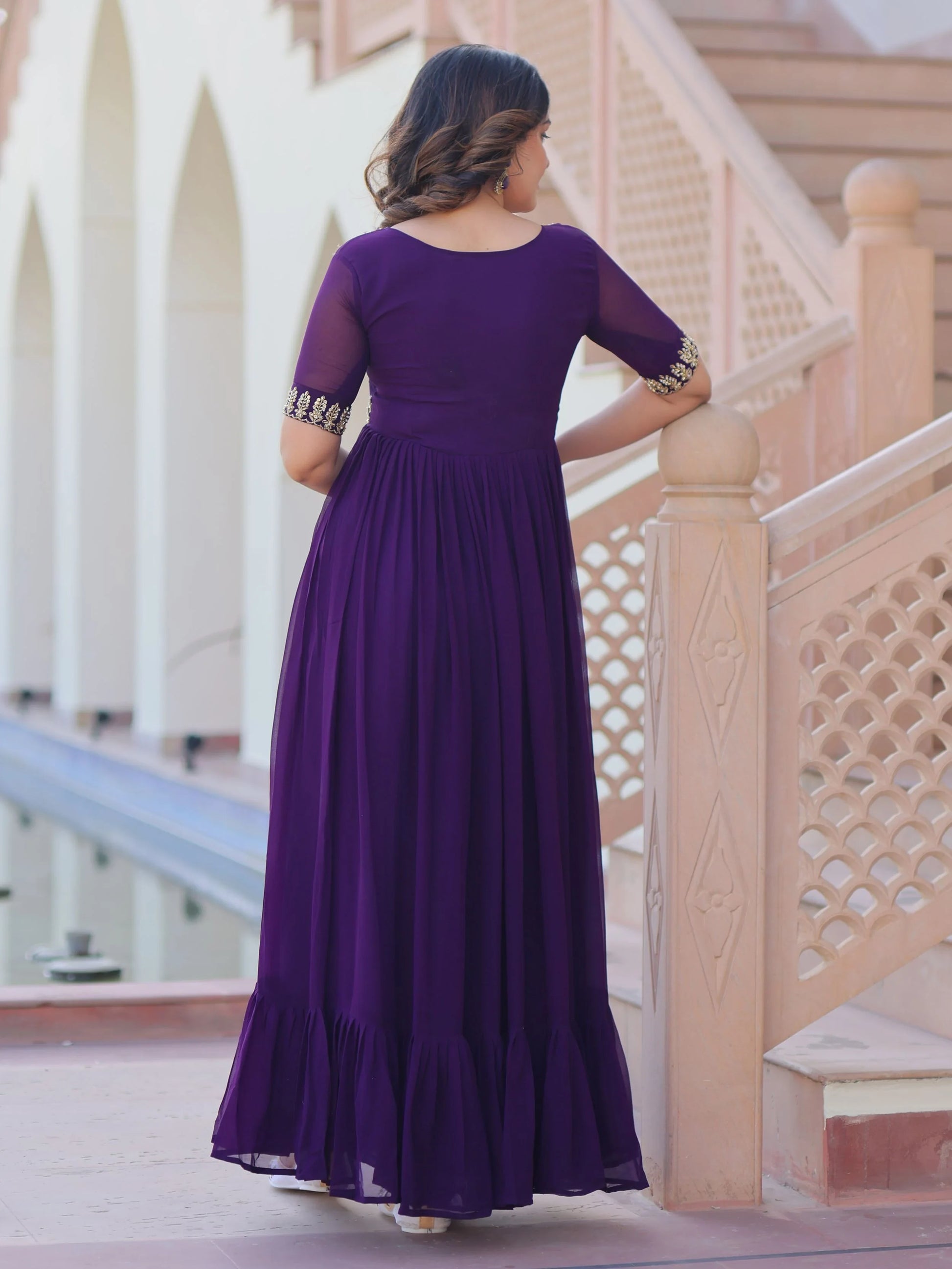 Mesmerizing Purple Bead Embroidered Georgette Evening Wear Gown - Zeel Clothing