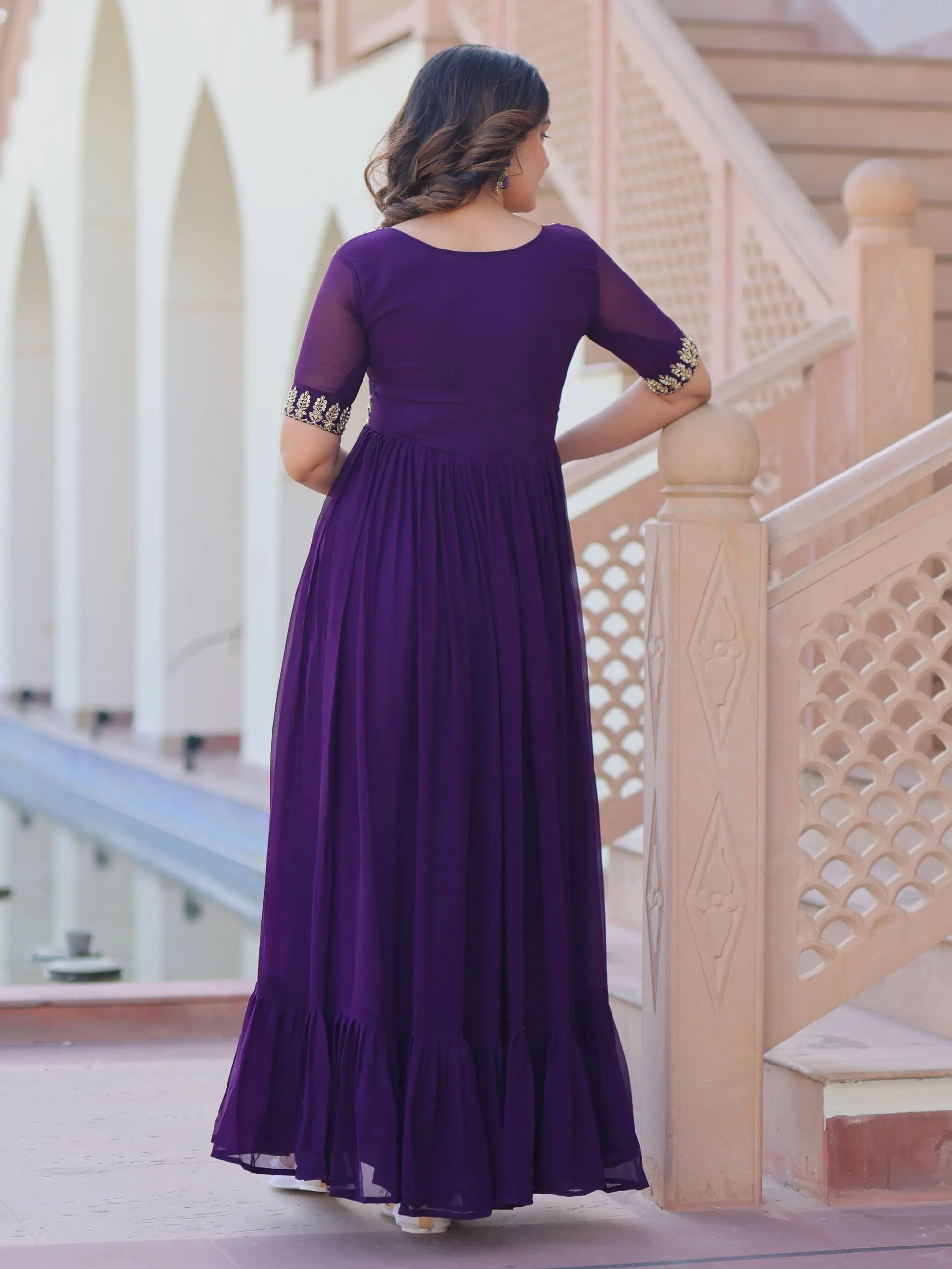 Mesmerizing Purple Bead Embroidered Georgette Evening Wear Gown - Zeel Clothing