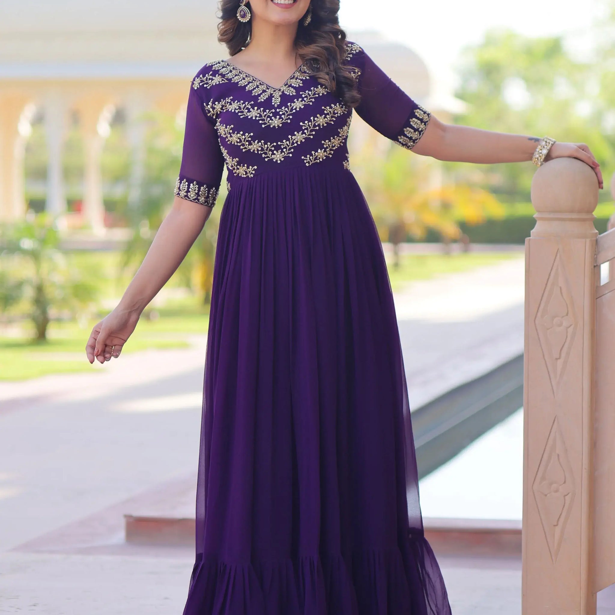 Mesmerizing Purple Bead Embroidered Georgette Evening Wear Gown - Zeel Clothing