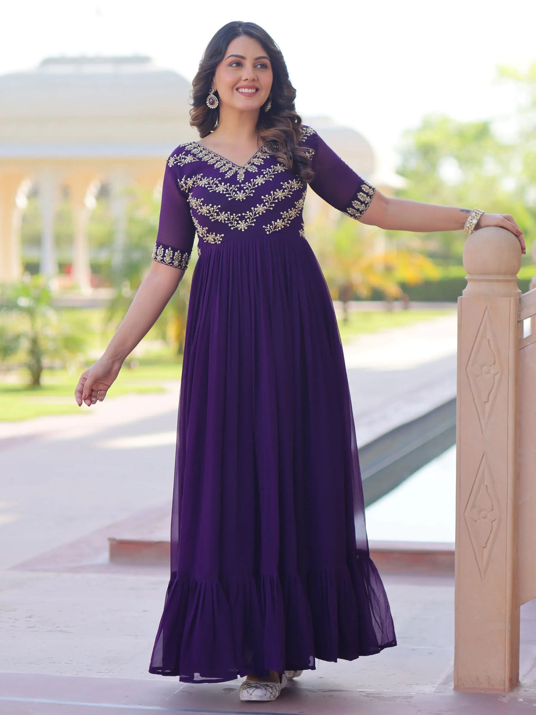 Mesmerizing Purple Bead Embroidered Georgette Evening Wear Gown - Zeel Clothing