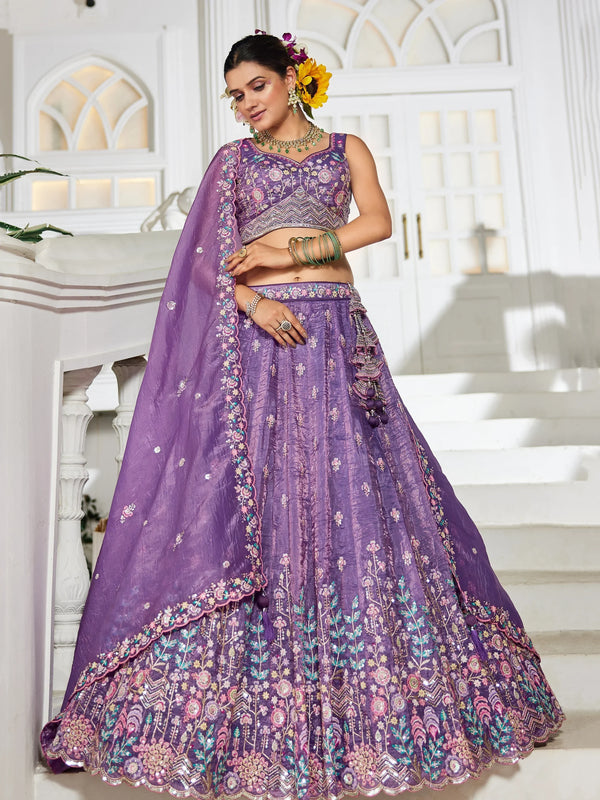 Mesmerizing Purple Thread Embroidery Tissue Lehenga Choli With Dupatta - Zeel Clothing