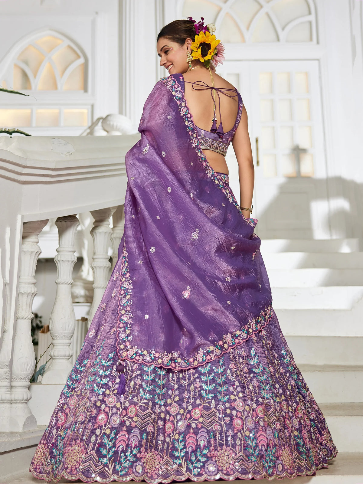 Mesmerizing Purple Thread Embroidery Tissue Lehenga Choli With Dupatta - Zeel Clothing