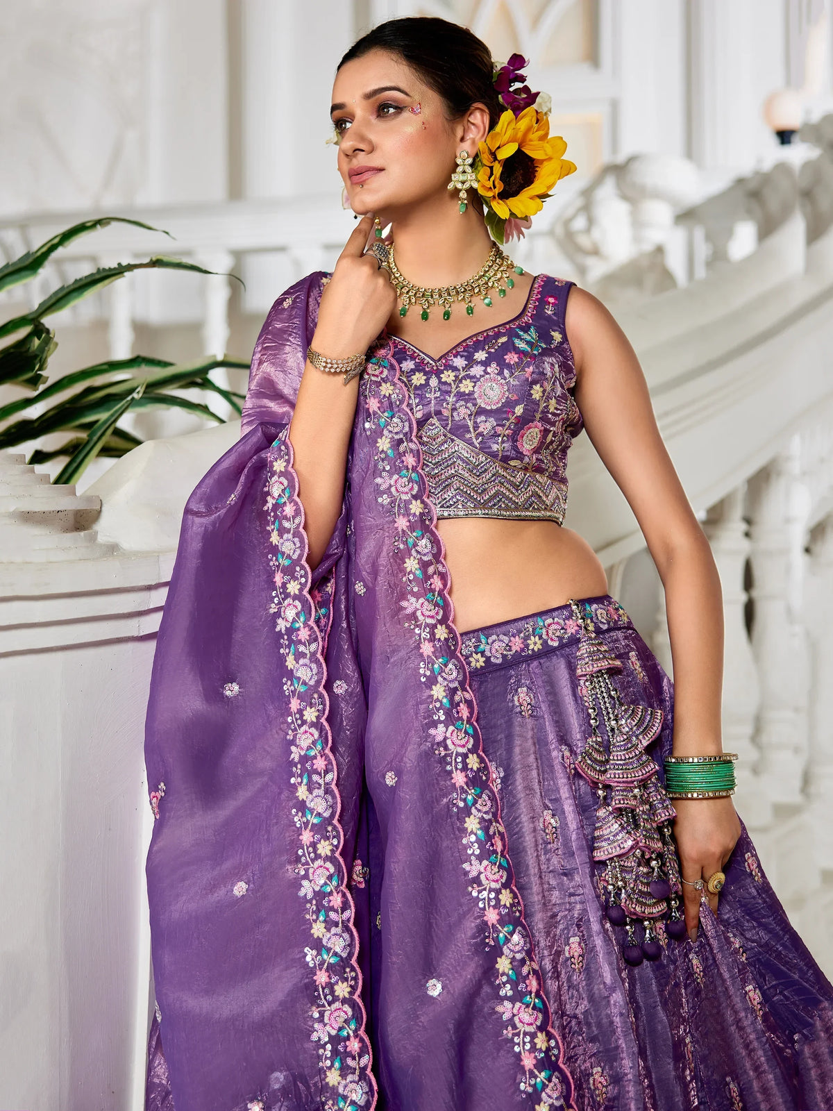 Mesmerizing Purple Thread Embroidery Tissue Lehenga Choli With Dupatta - Zeel Clothing