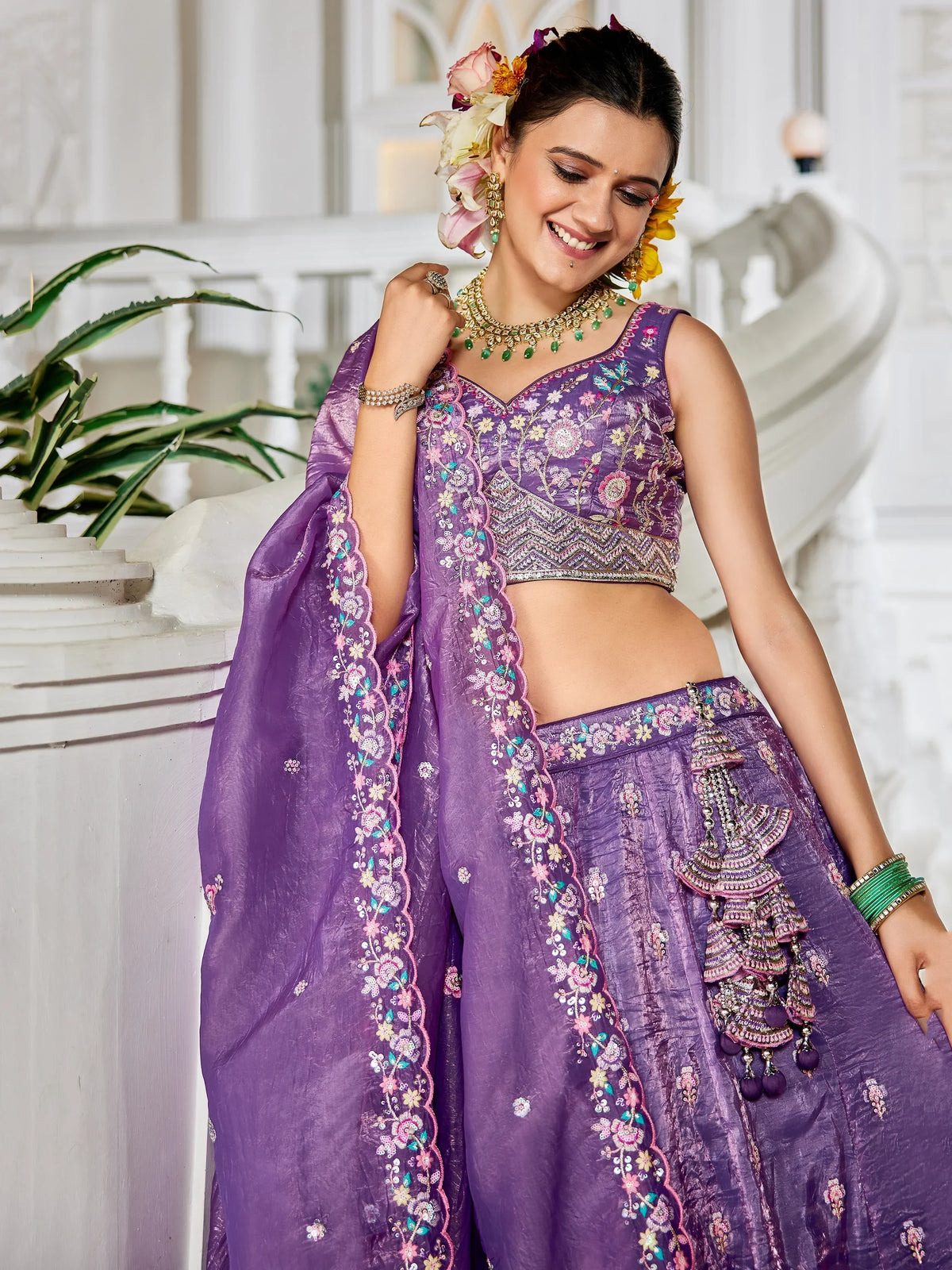 Mesmerizing Purple Thread Embroidery Tissue Lehenga Choli With Dupatta - Zeel Clothing
