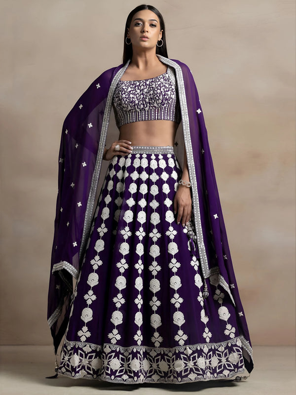 Mesmerizing Purple Thread Work Georgette Engagement Wear Lehenga Choli With Dupatta