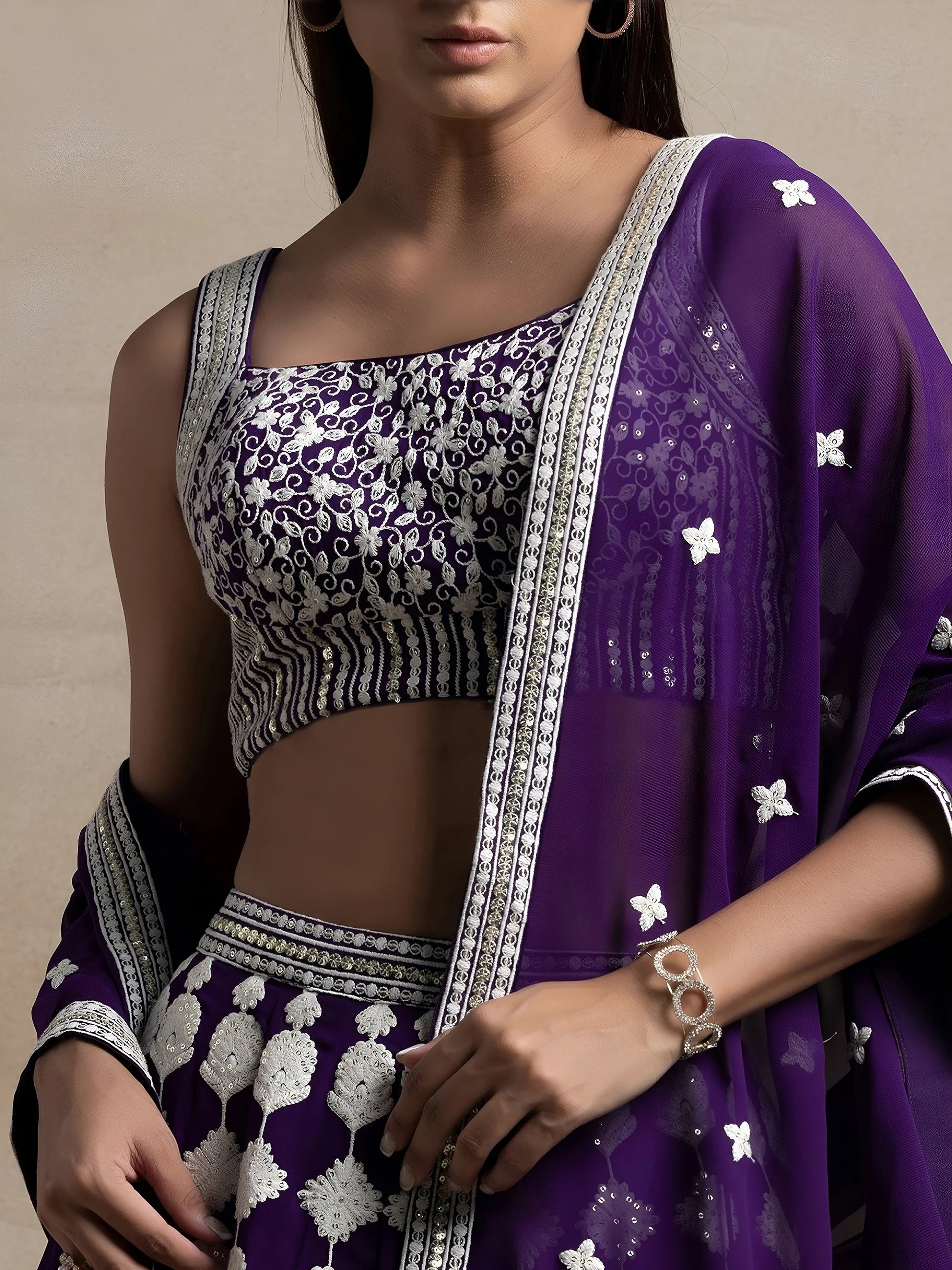 Mesmerizing Purple Thread Work Georgette Engagement Wear Lehenga Choli With Dupatta